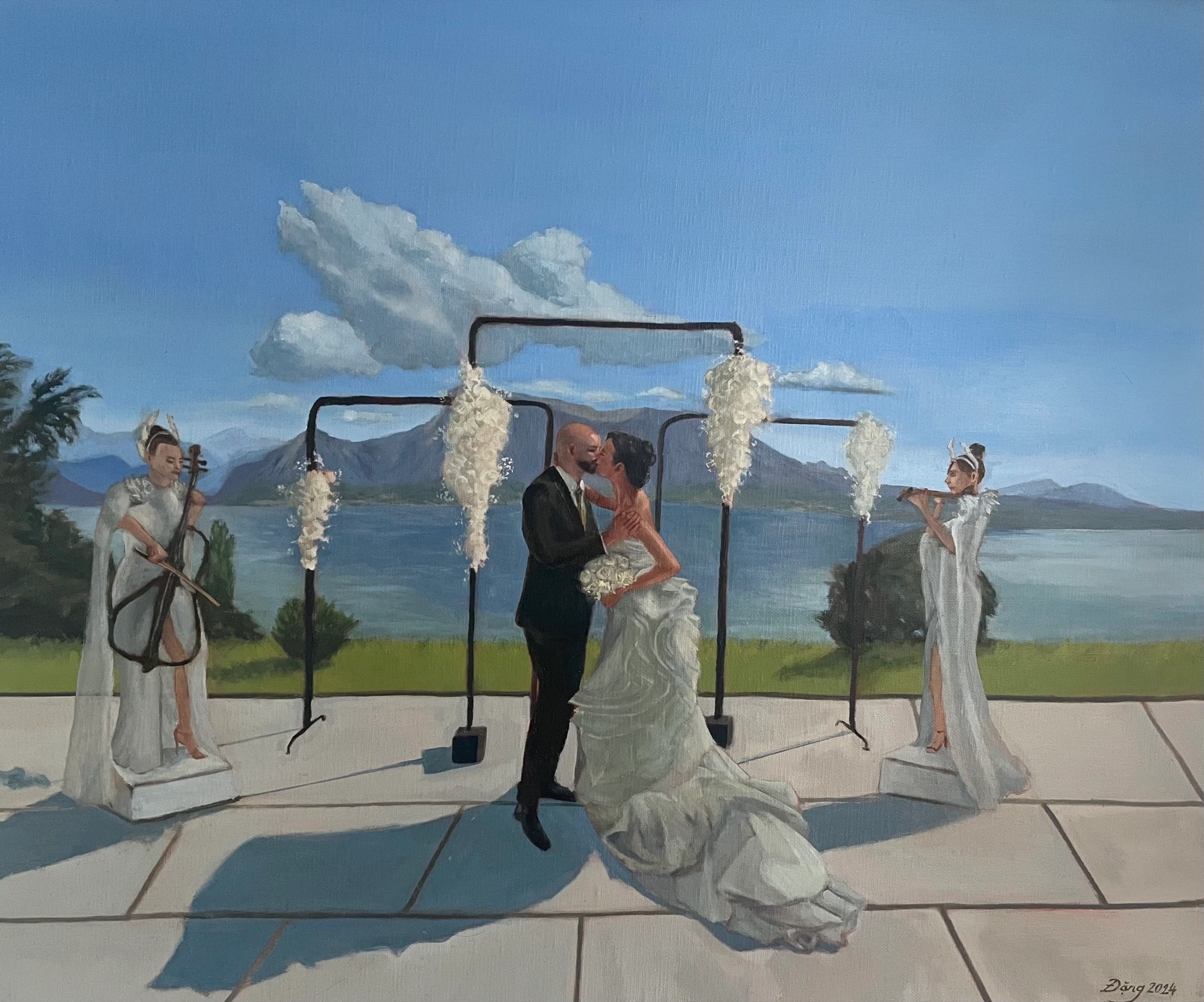 Dipinto a olio degli sposi che si baciano sulla terrazza dell’Hôtel Préalpina, sul Lago di Ginevra, tra due musiciste.