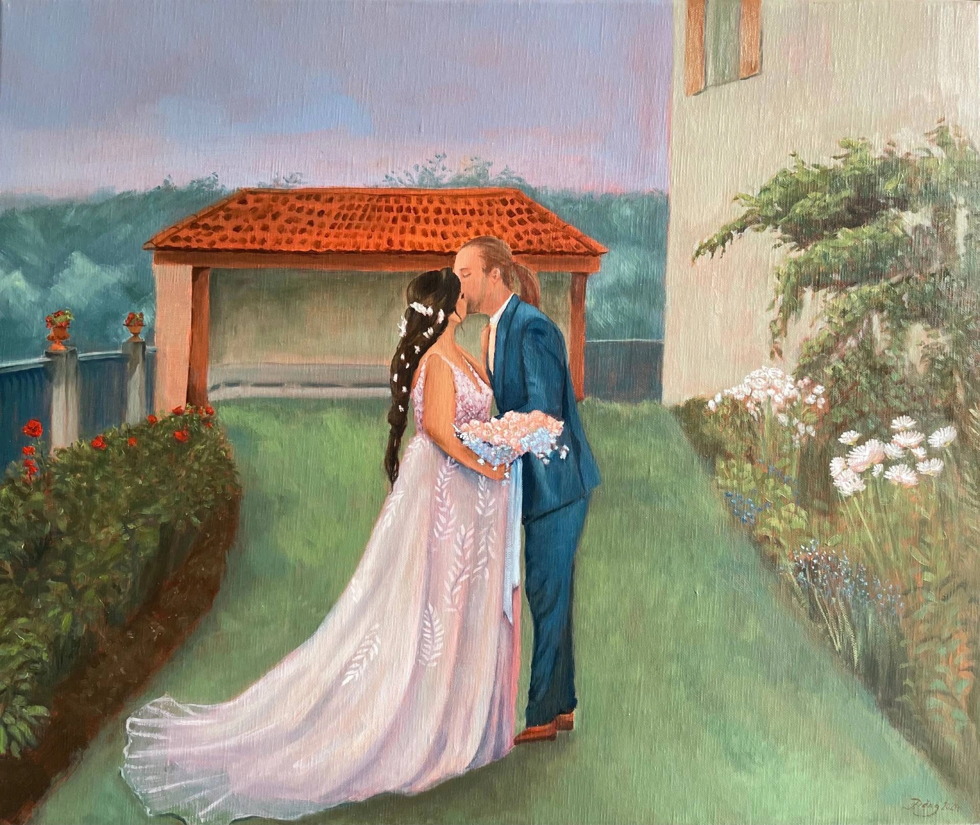 Bride and groom kissing in the garden of Château de Lucens, Vaud — live oil painting.