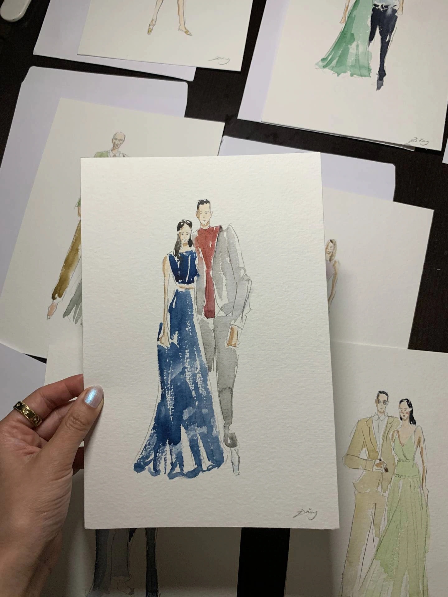 Aquarell-Porträt eines Paars im Fashion-Illustration-Stil, Kyburg Golf Club, Zürich.