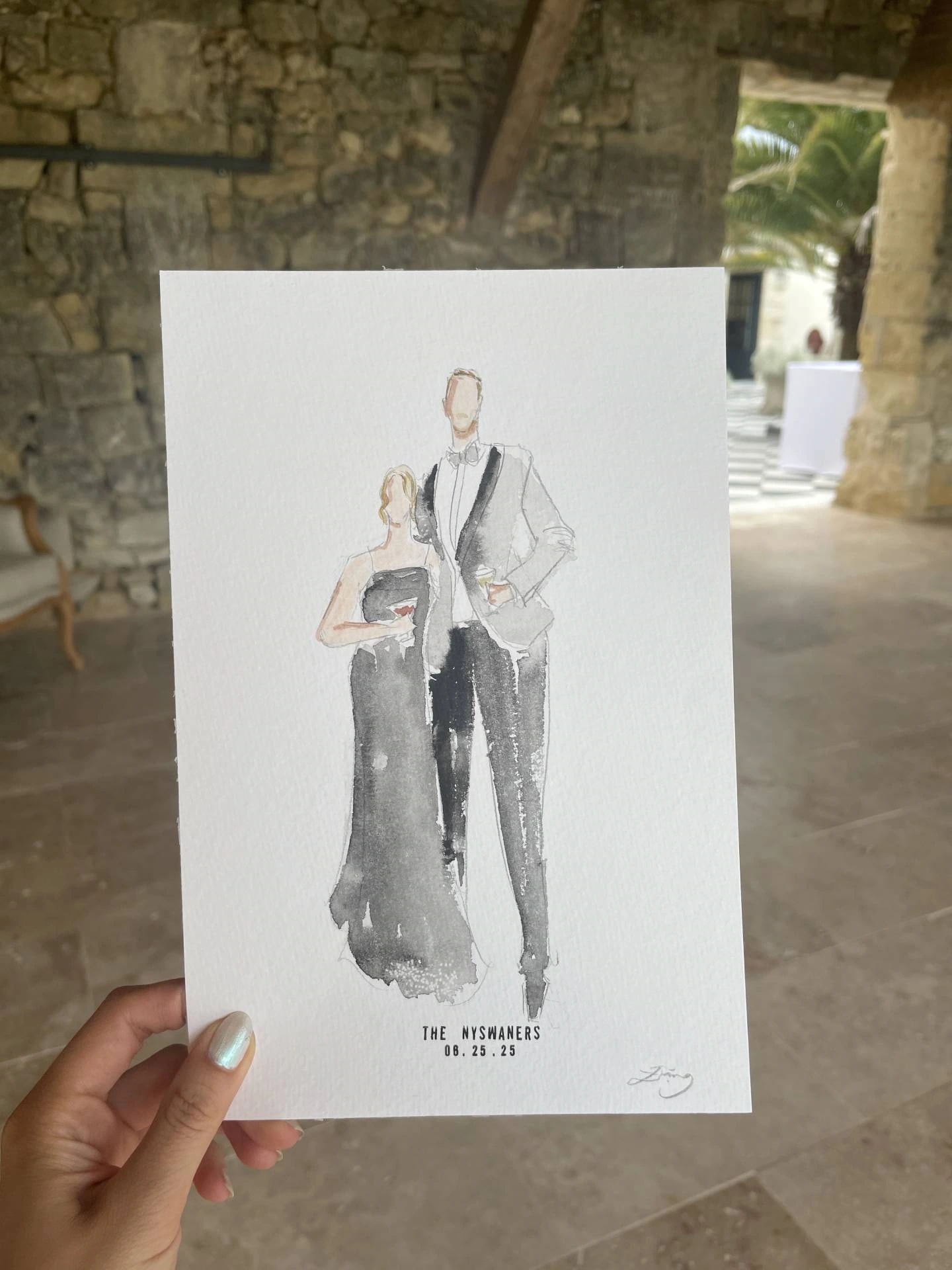 Aquarell-Porträt ohne Gesicht eines Paars mit Weingläsern, Château de Garde, Frankreich.