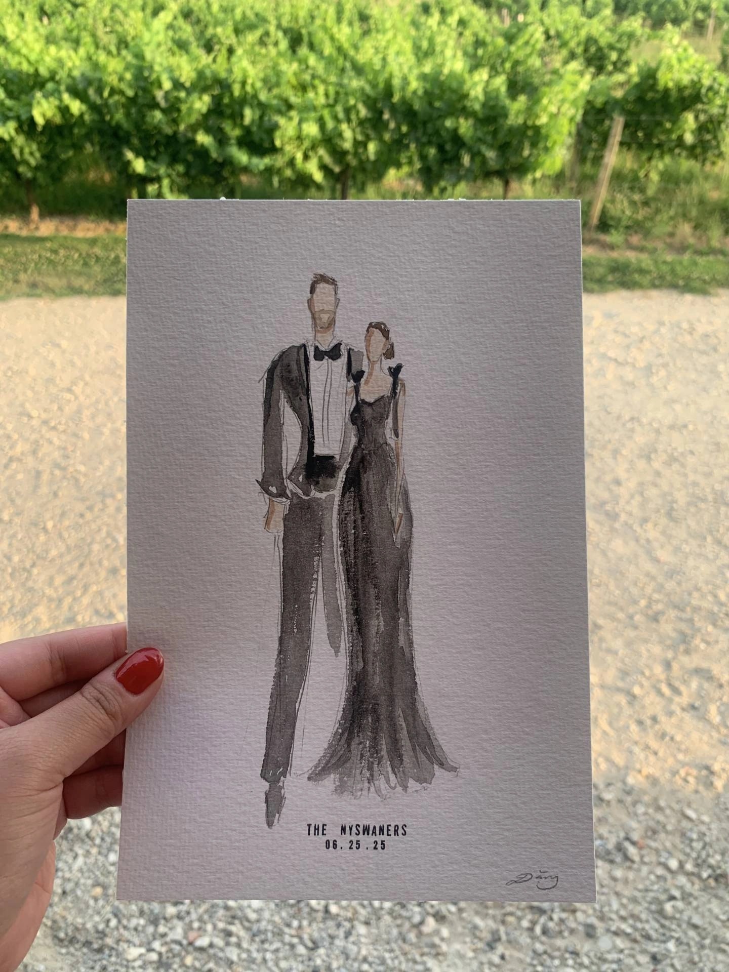 Aquarell-Porträt ohne Gesicht einer Frau im schwarzen Kleid und eines Mannes im Anzug, Château de Garde, Frankreich.