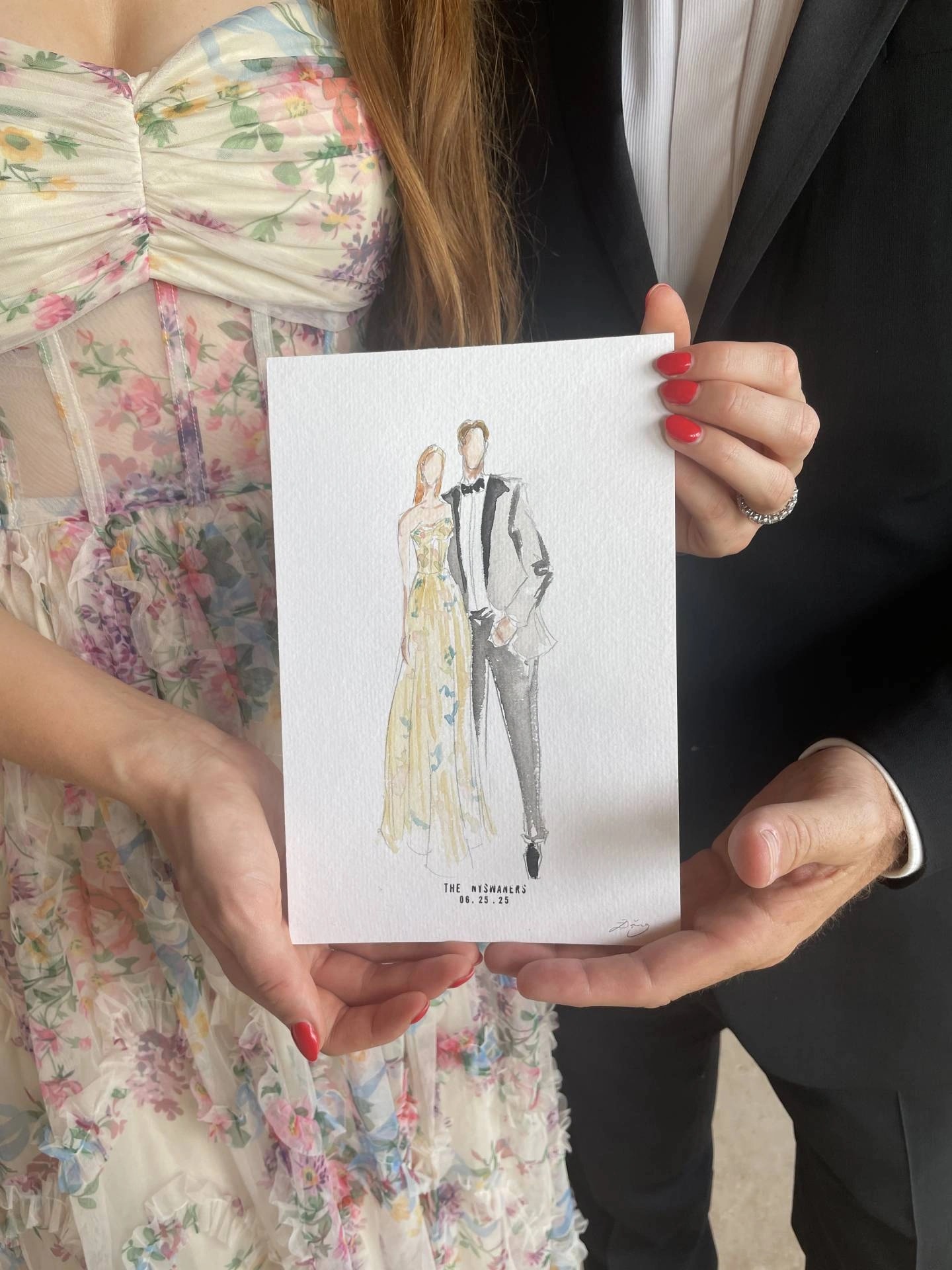 Aquarell-Porträt ohne Gesicht einer Frau im gelben Kleid und eines Mannes im Anzug, Château de Garde, Frankreich.