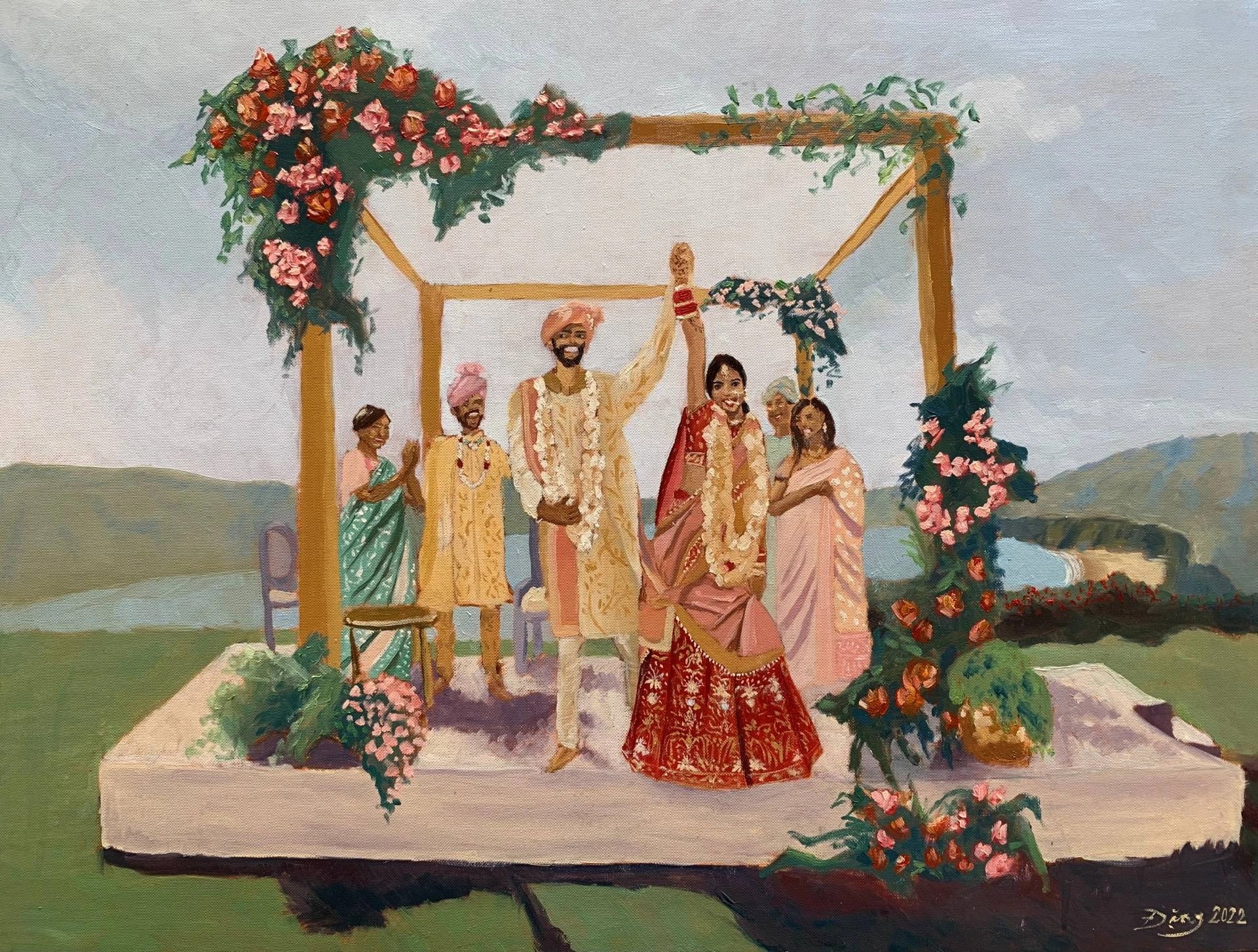 Indian bride and groom with their family at The Ritz-Carlton, Laguna Niguel — live oil painting.
