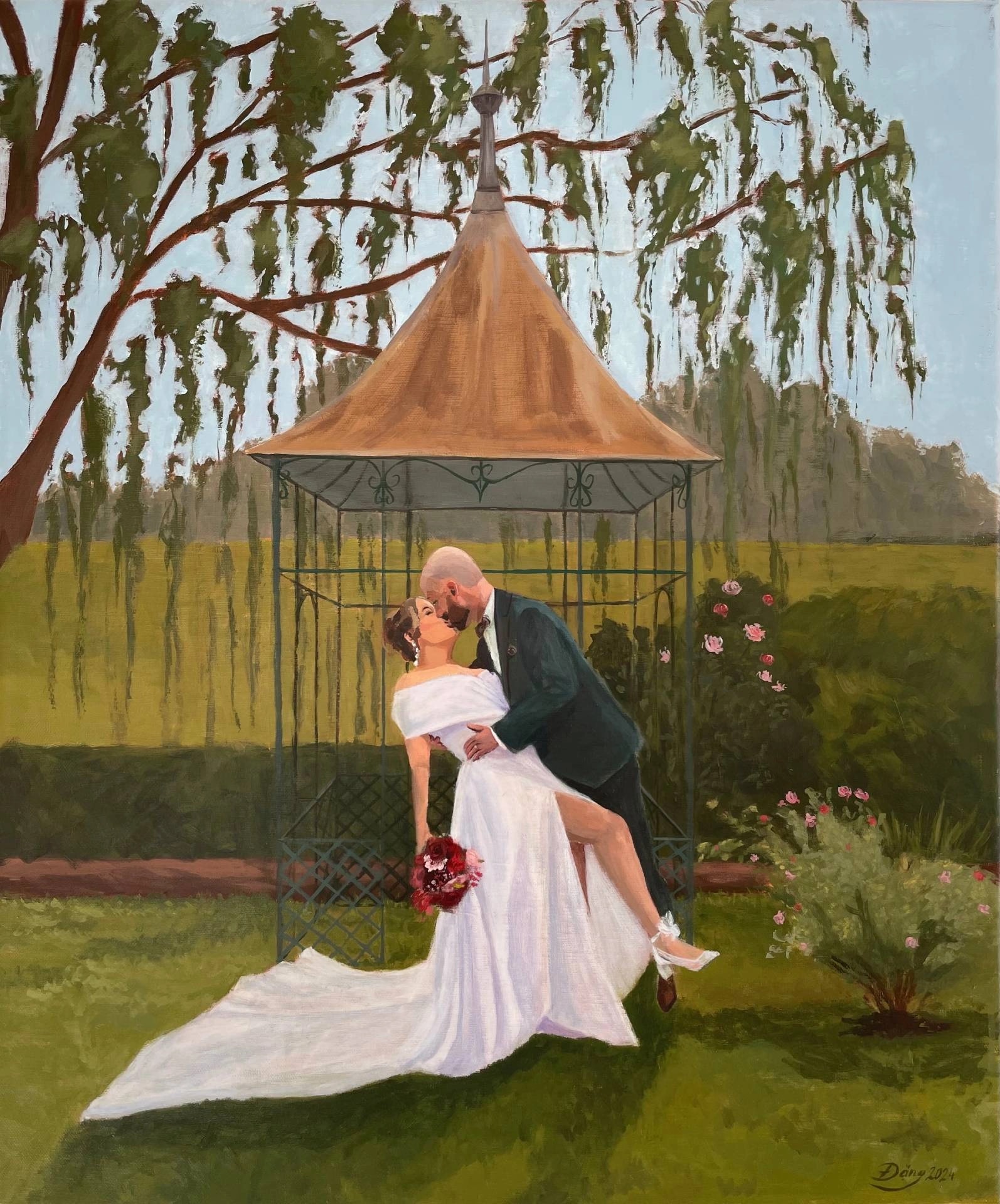 Bride and groom dip kiss by a garden gazebo at Abbatiale de Romainmôtier — live acrylic painting.