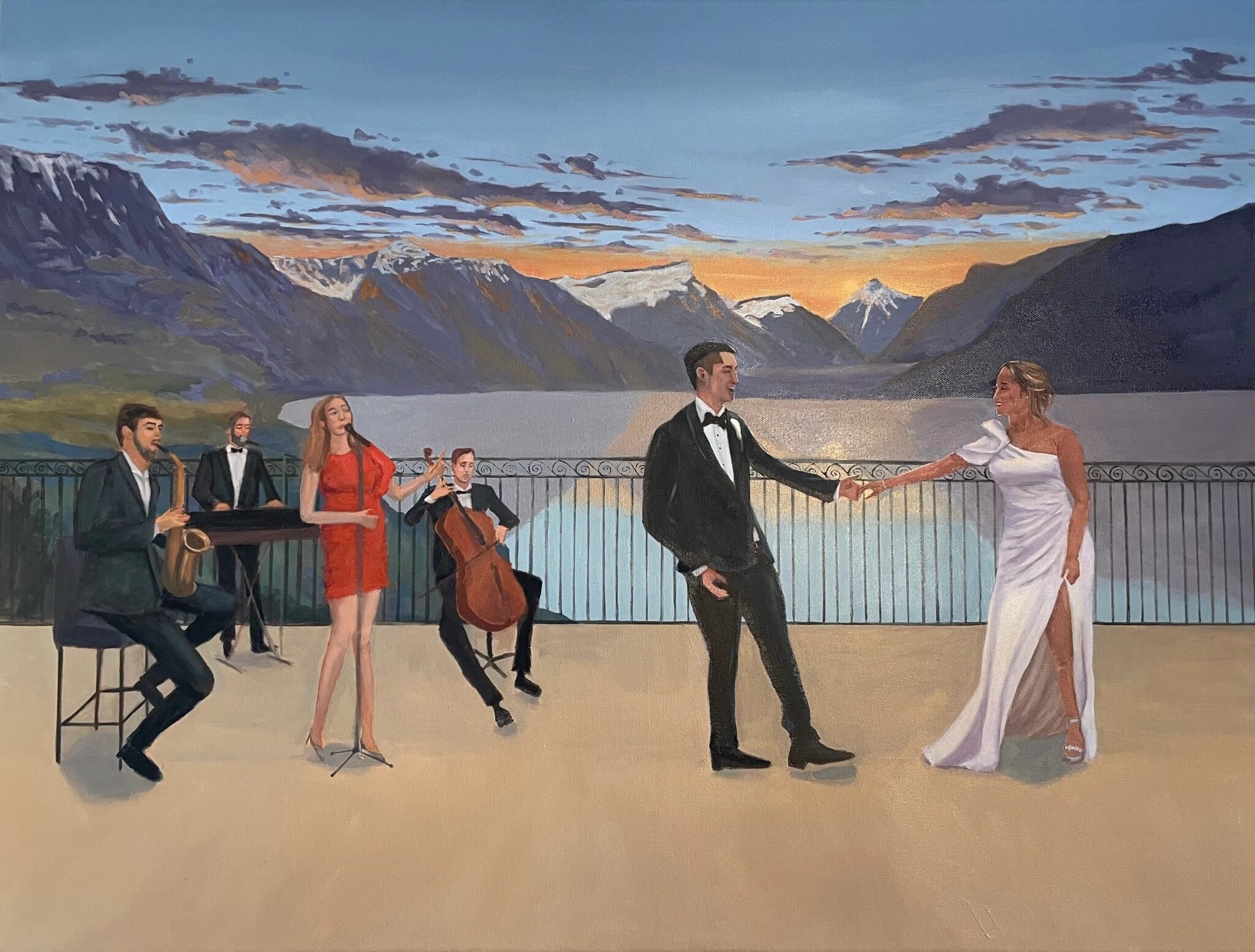Live wedding painting of a first dance at Le Mirador, Mont-Pèlerin, at sunset over Lake Geneva and the Alps, oil on canvas.