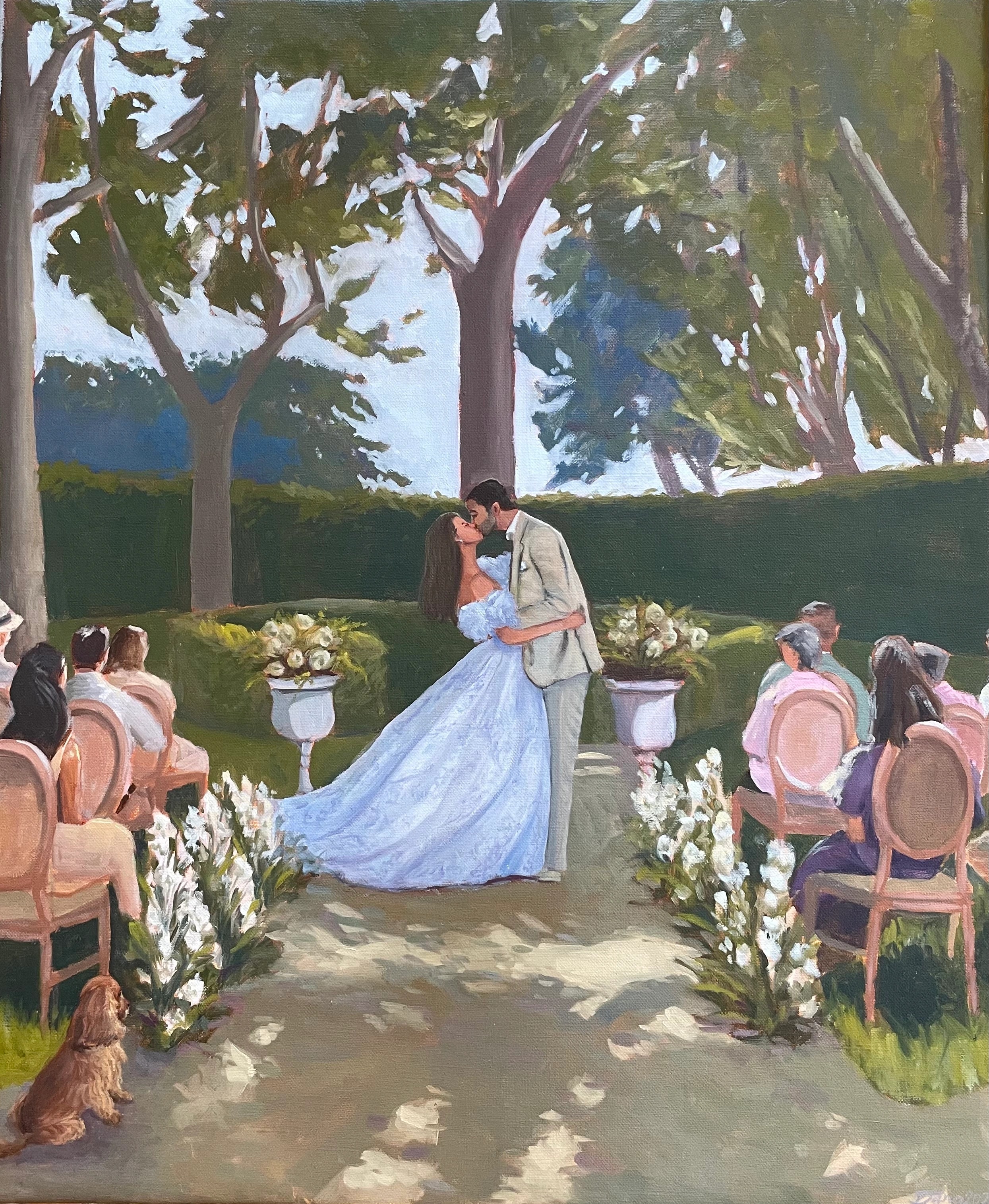 Live wedding painting of a couple’s kiss at the end of an aisle lined with white flowers, guests on pink chairs and a small dog watching, at Bastide de Laurence in L’Isle-sur-la-Sorgue, Provence, oil on canvas.
