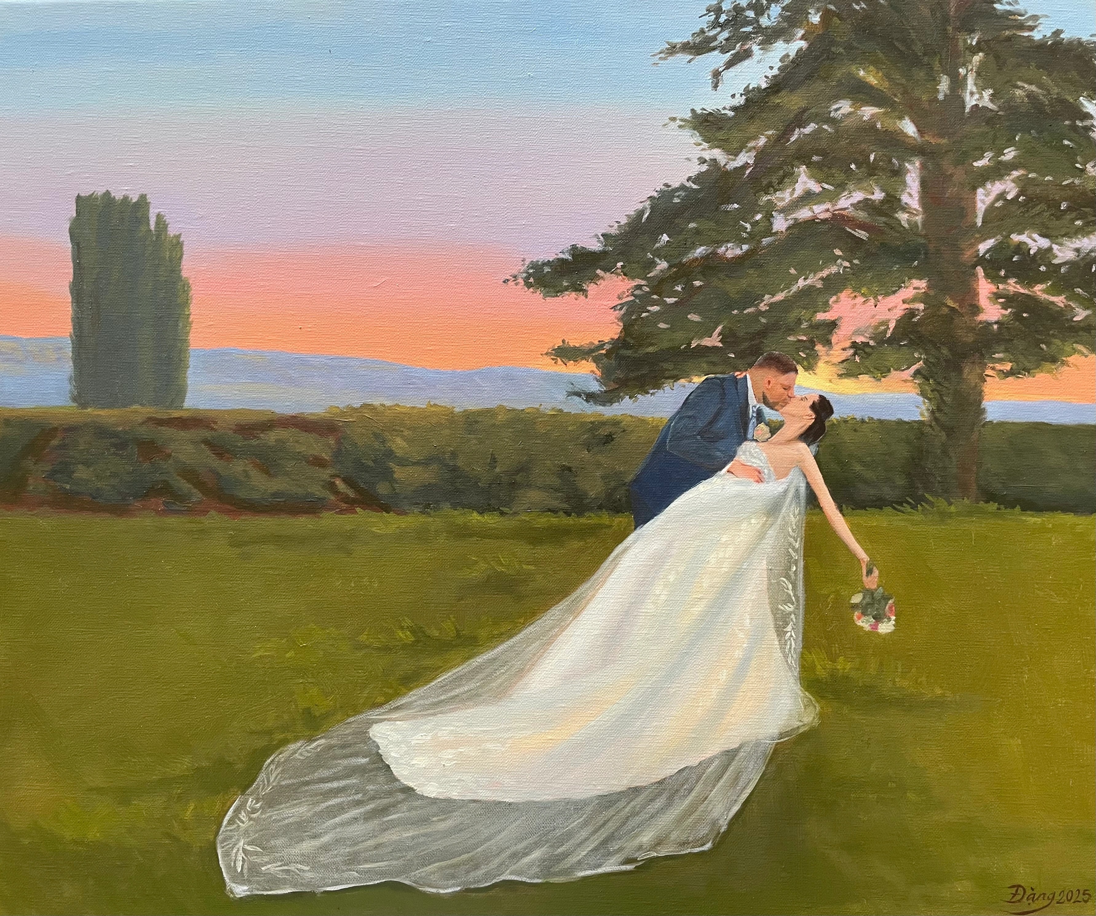 Live wedding painting of a couple’s kiss at sunset at Domaine de Choully, Geneva: the groom dips the bride, her long veil trailing across the lawn beneath a tall cedar, oil on canvas.