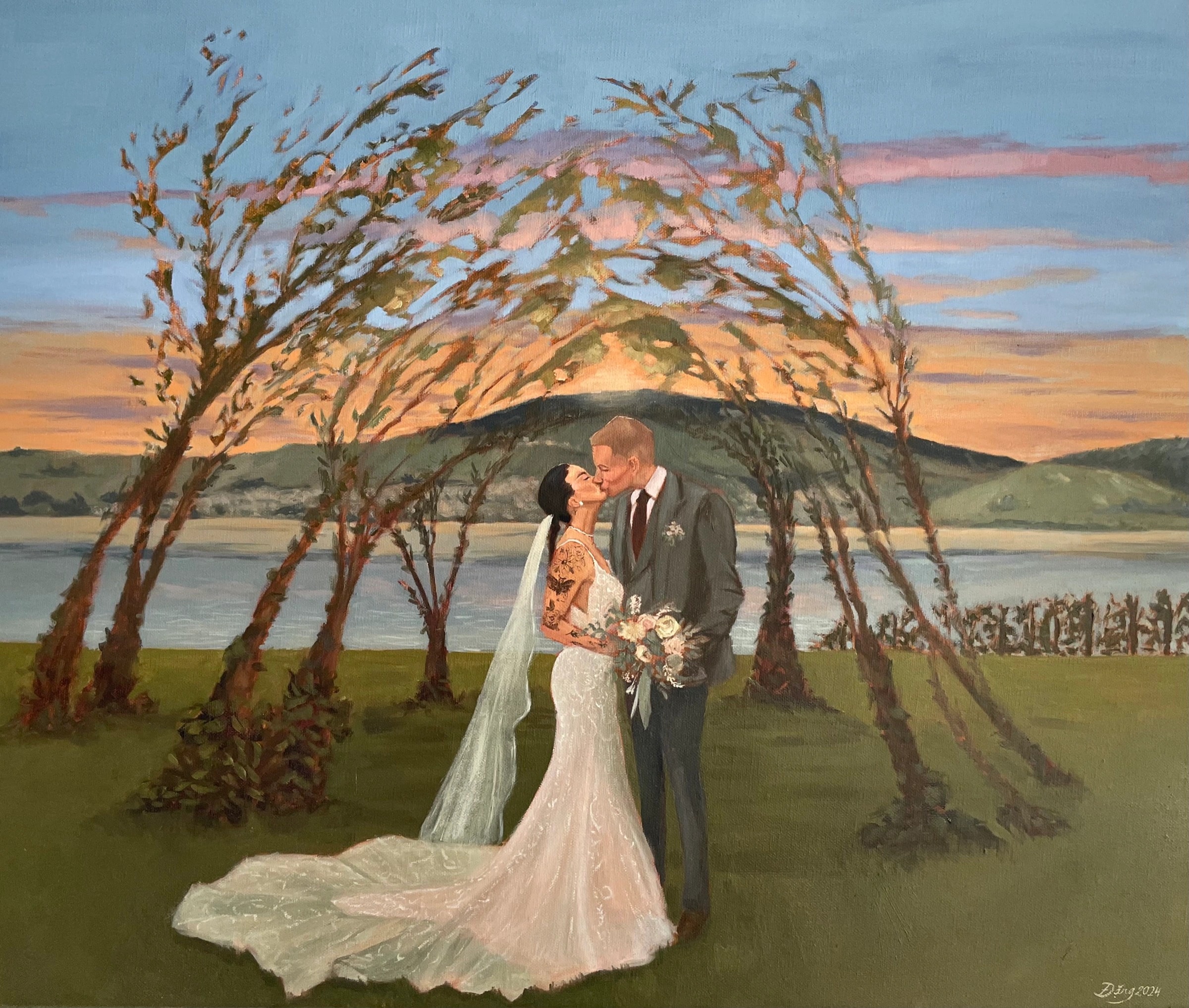 Live wedding painting of a couple’s first kiss at Moschti Stäfa on Lake Zurich, oil on canvas.