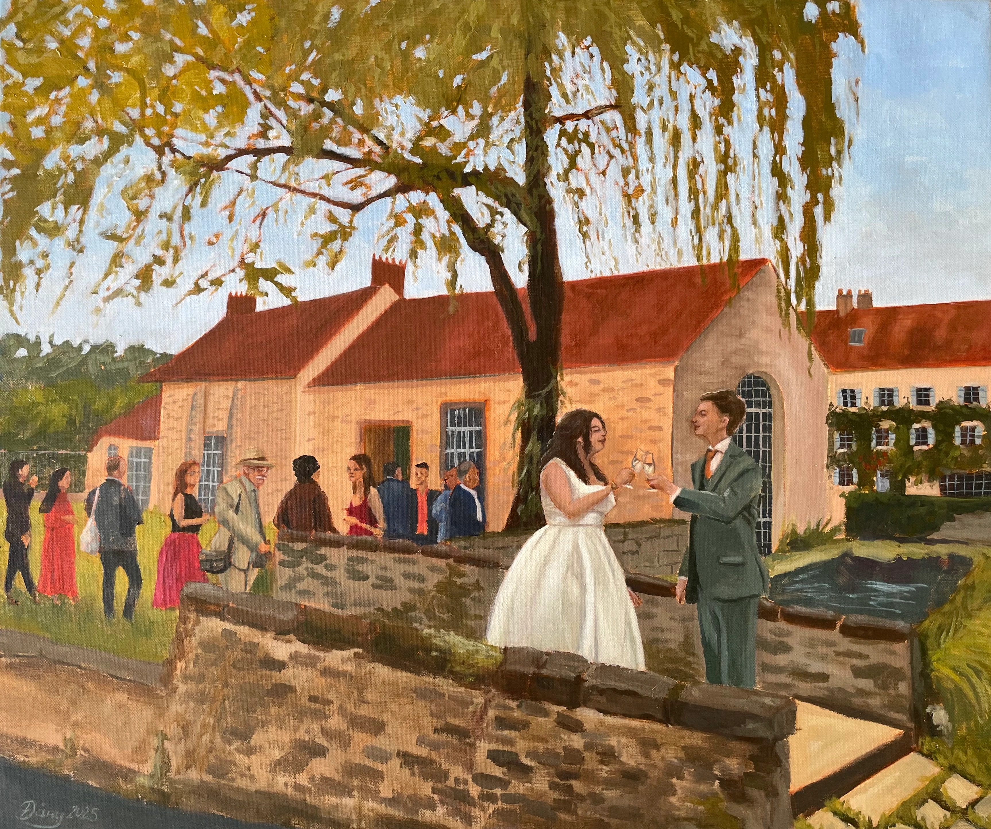 Live wedding painting of the couple raising a toast beneath a weeping willow at Moulin de Launoy in Treuzy-Levelay, Seine-et-Marne (Île-de-France): guests gathering in the golden light before the 18th-century stone mill, oil on canvas.