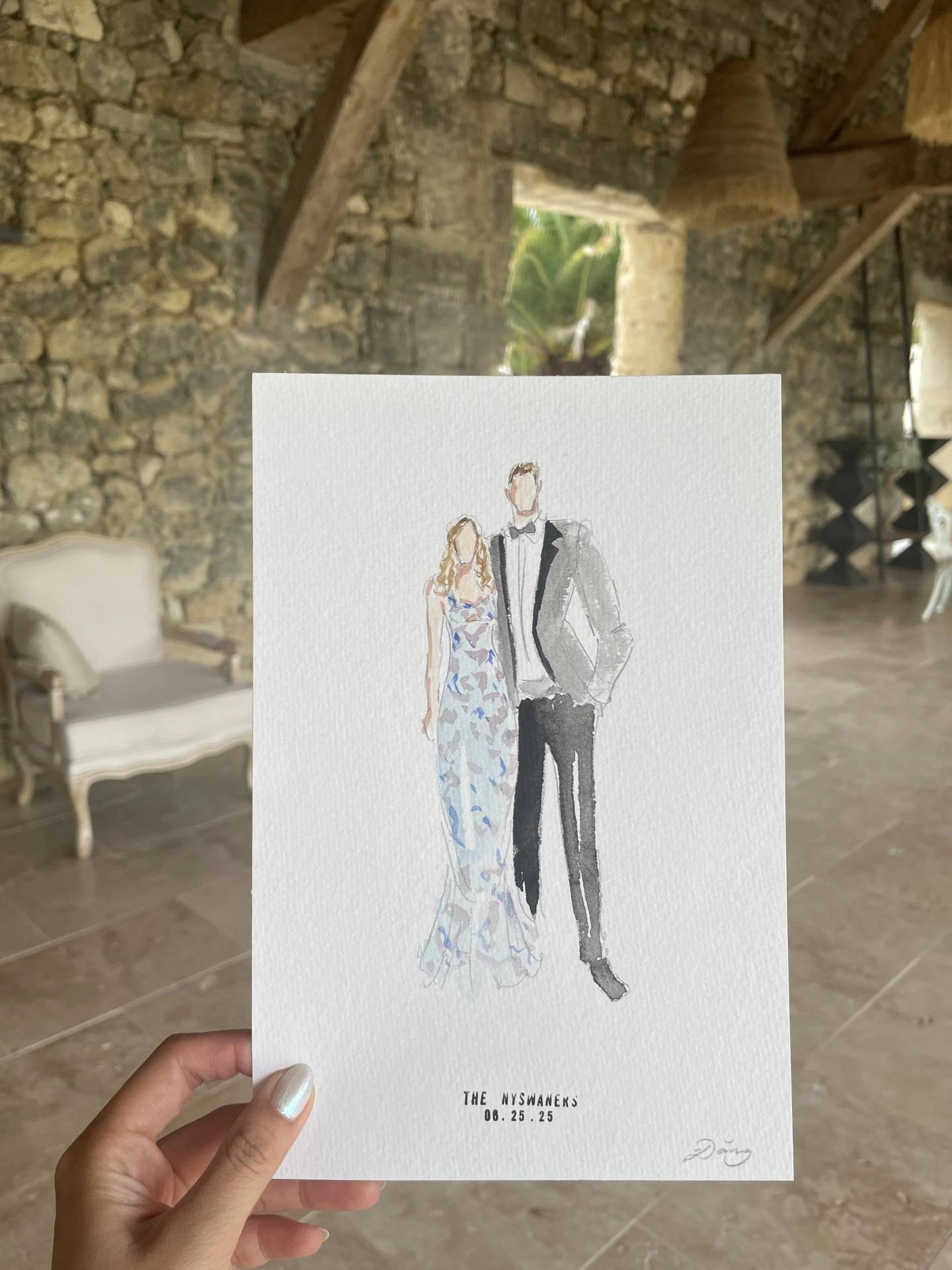 Aquarell-Porträt ohne Gesicht eines Paars – ein Gastgeschenk im Château de Garde, Frankreich.