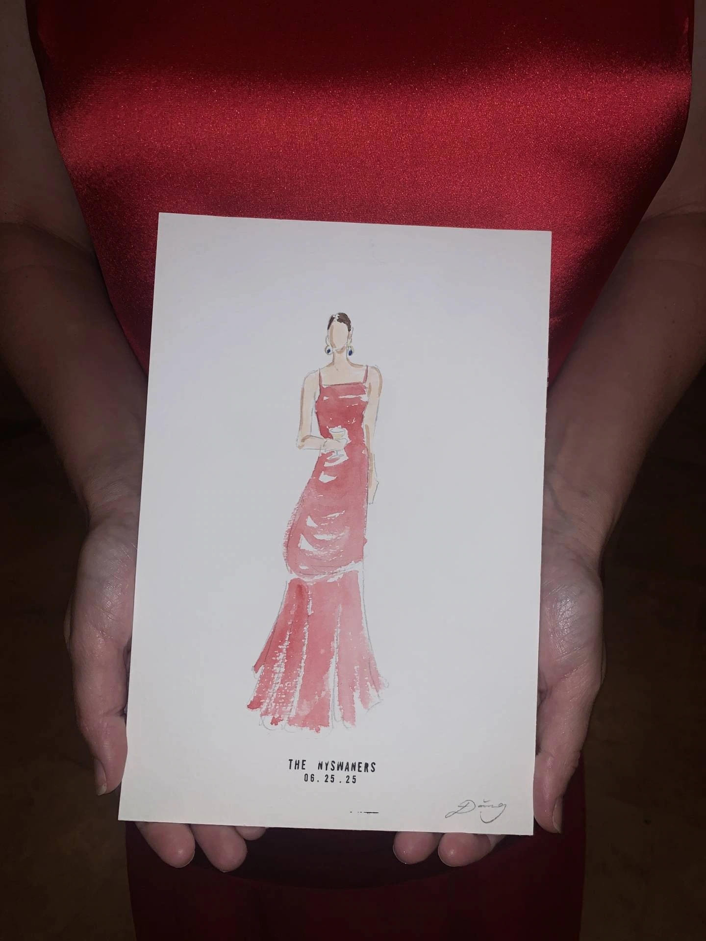 Aquarell-Porträt ohne Gesicht eines Gasts im roten Kleid, Château de Garde, Frankreich.