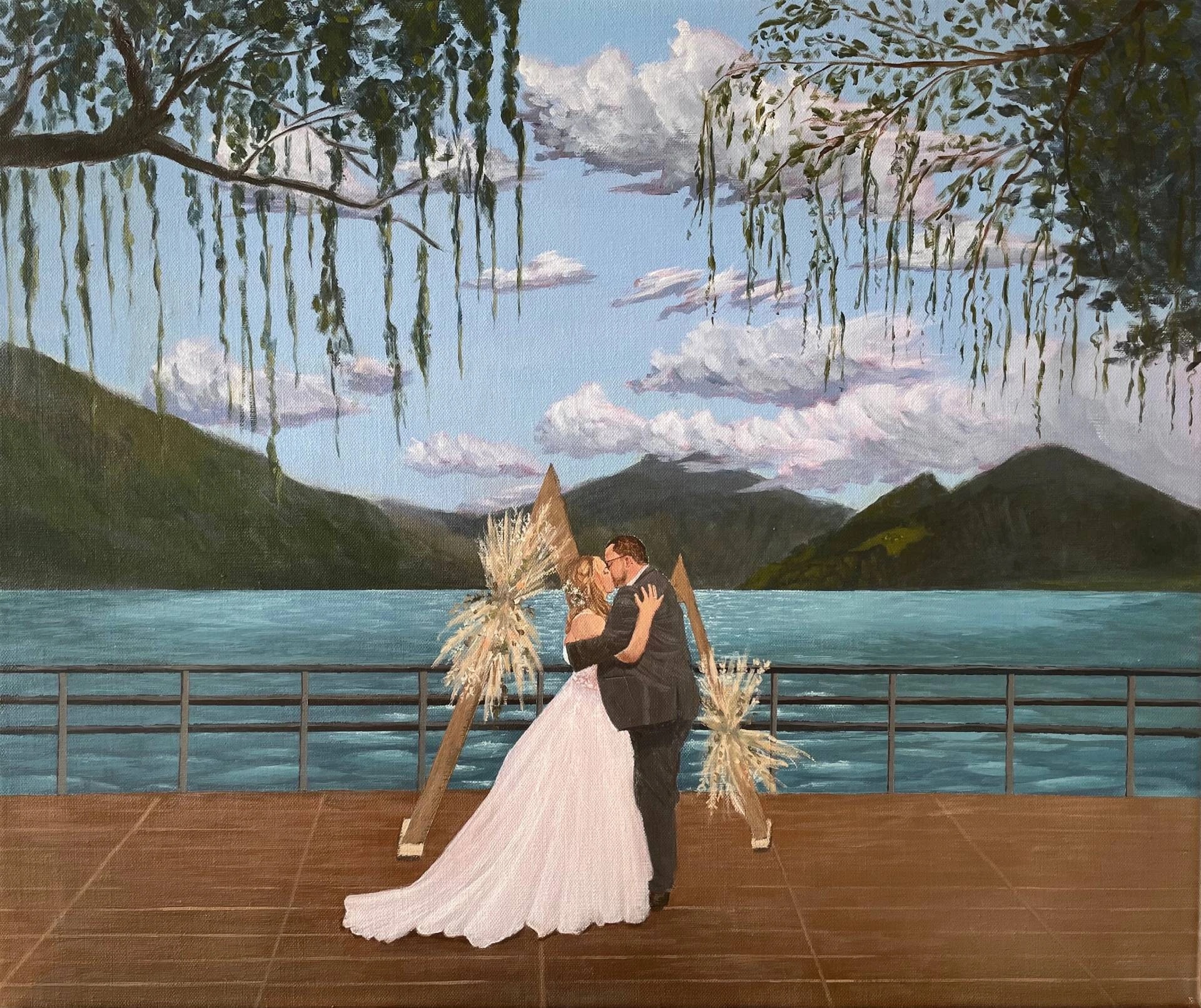 First kiss at Sagibeiz, Murg, with Lake Walensee behind — live acrylic painting.
