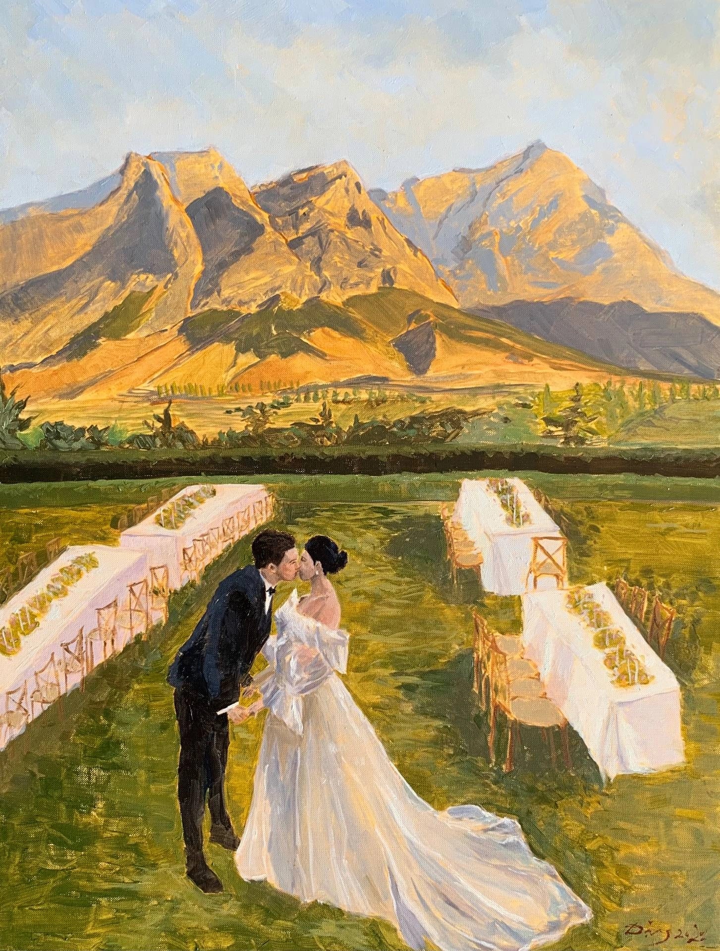 Bride and groom holding hands with mountains behind, wedding in South Africa — oil painting.