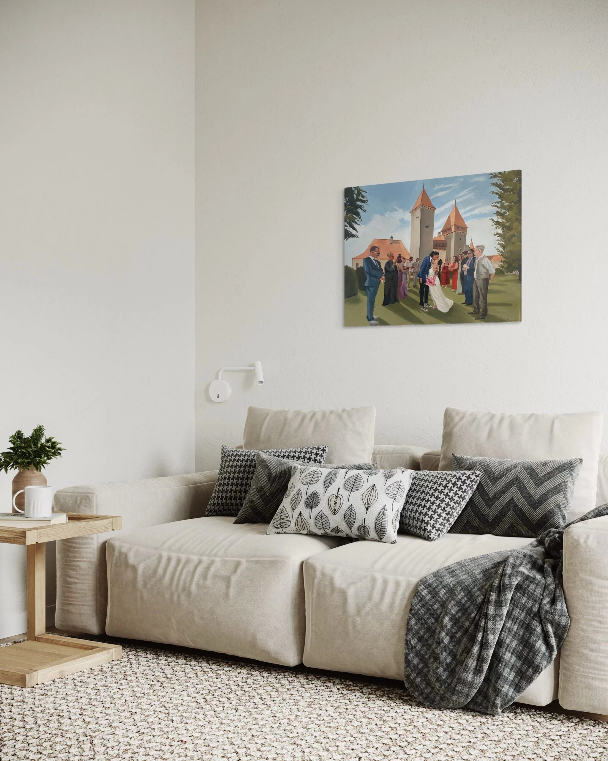 Hochzeitsgemälde 60 × 80 cm in einem hellen Wohnzimmer, schräg.
