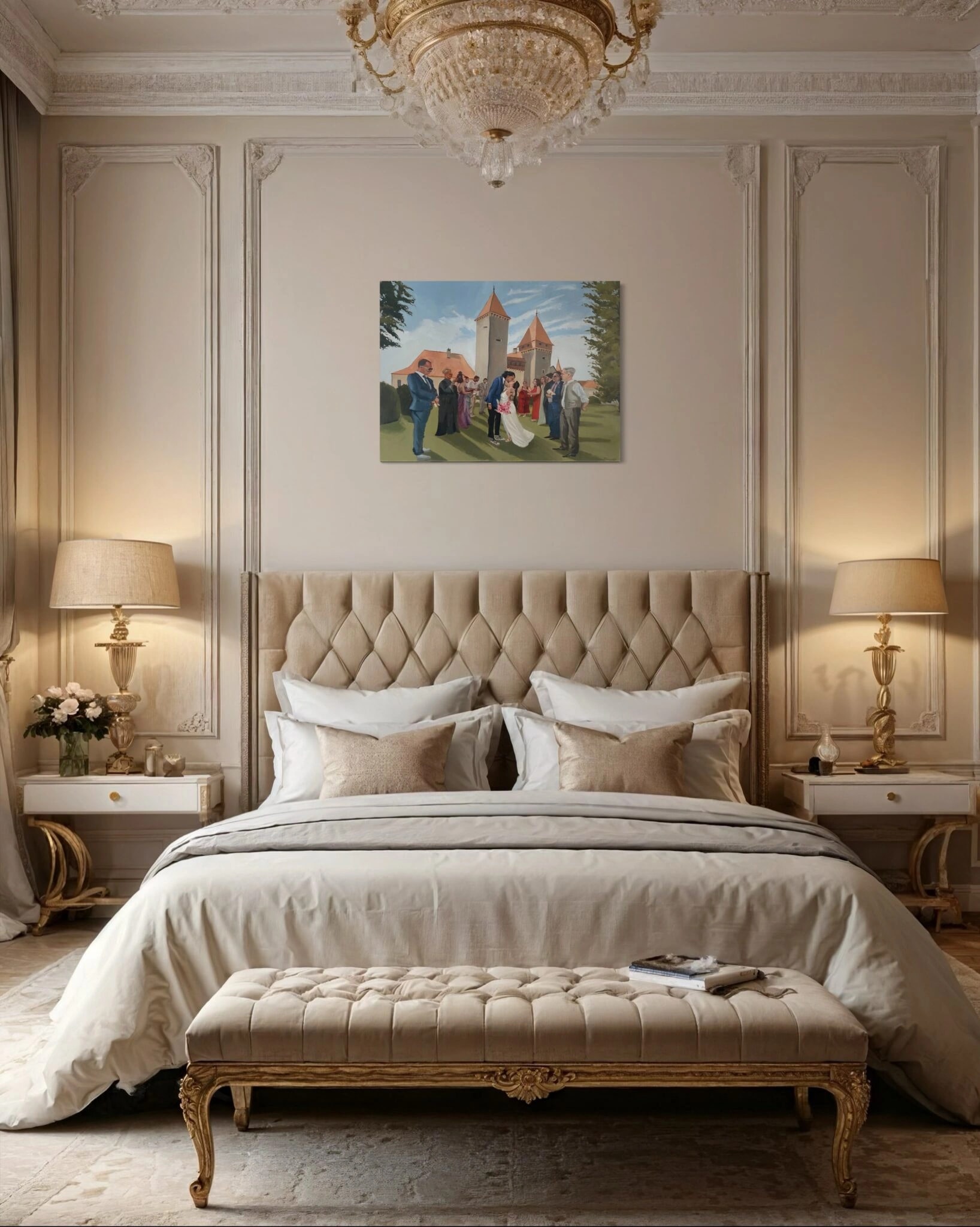 Hochzeitsgemälde 60 × 80 cm über dem Bett in einem eleganten Schlafzimmer.