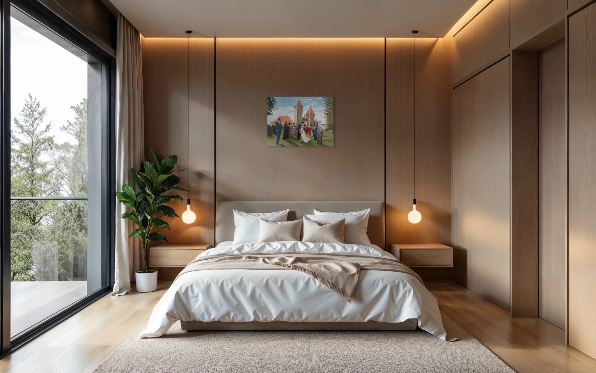 Hochzeitsgemälde 60 × 80 cm über dem Bett in einem ruhigen, minimalistischen Schlafzimmer.