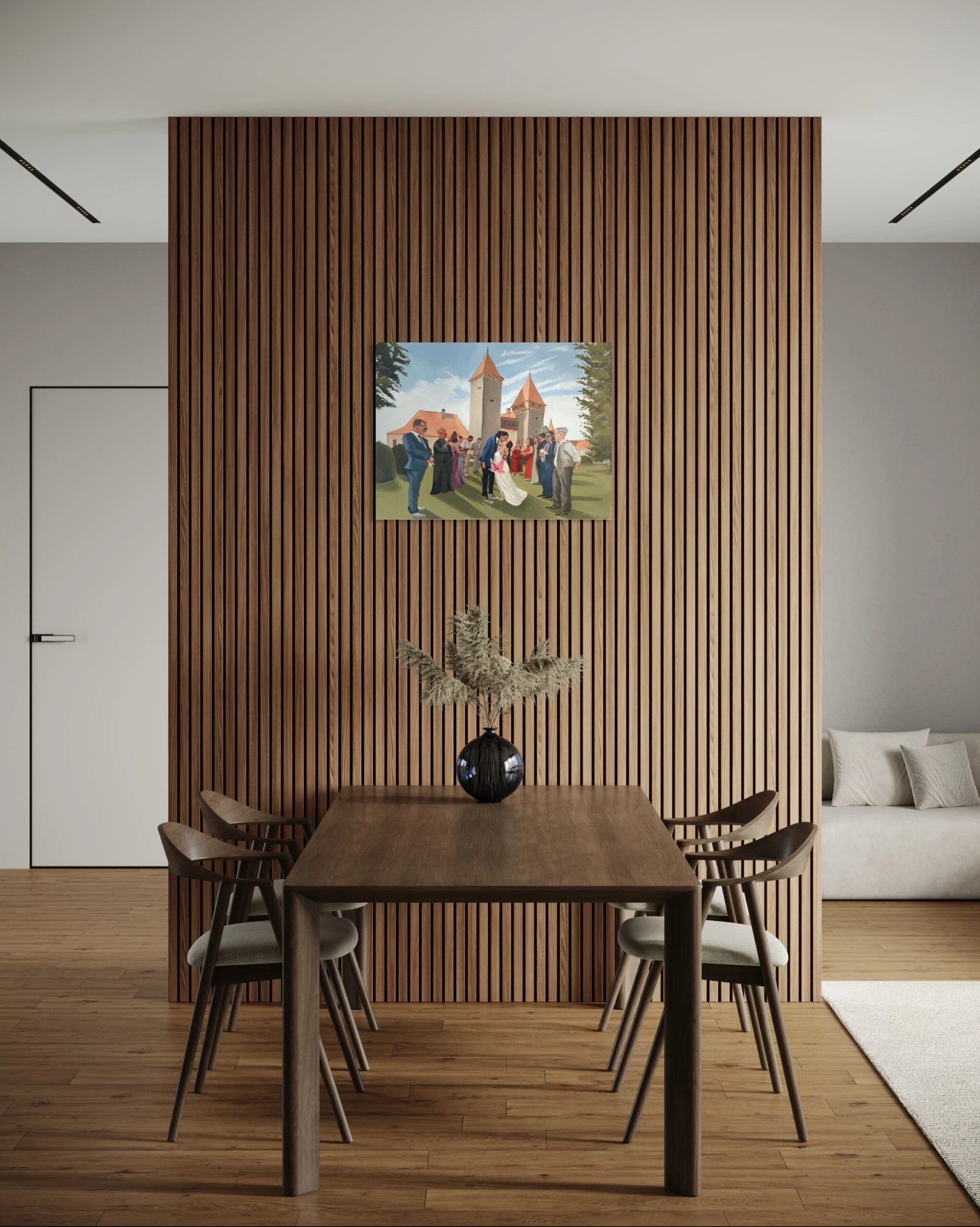 Hochzeitsgemälde 60 × 80 cm in einem Esszimmer, frontal.