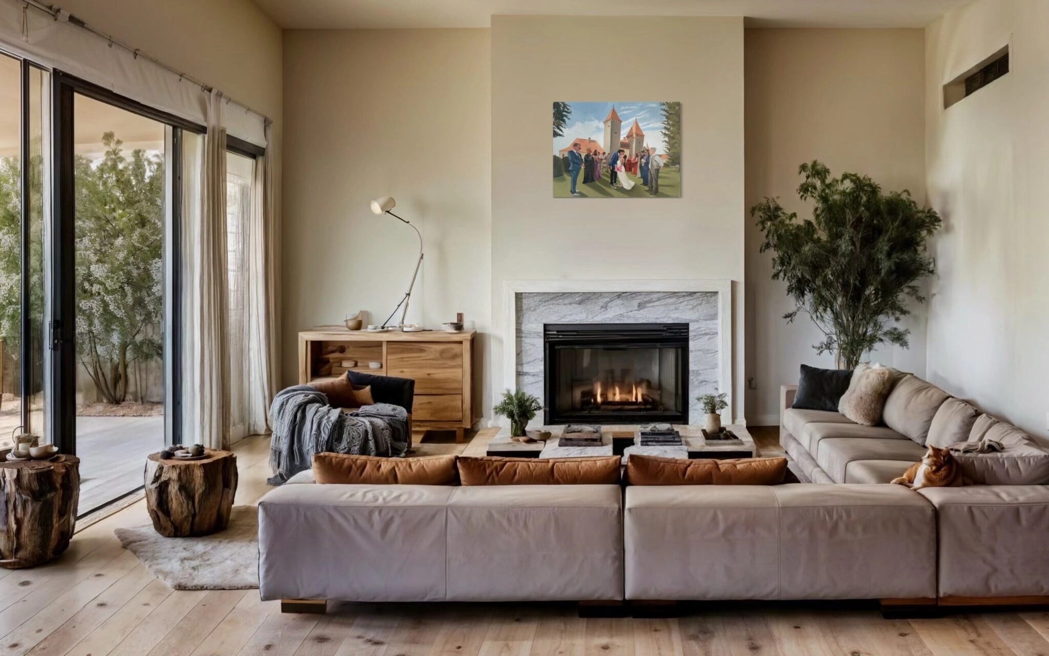 Hochzeitsgemälde 60 × 80 cm über dem Kamin in einem schlichten Wohnzimmer.