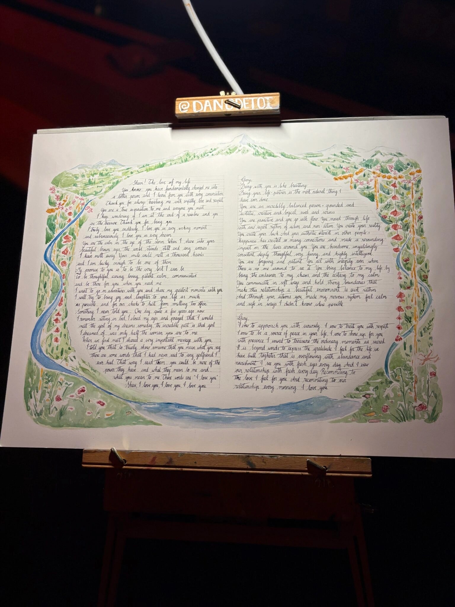 Finished watercolor and calligraphy wedding vows artwork