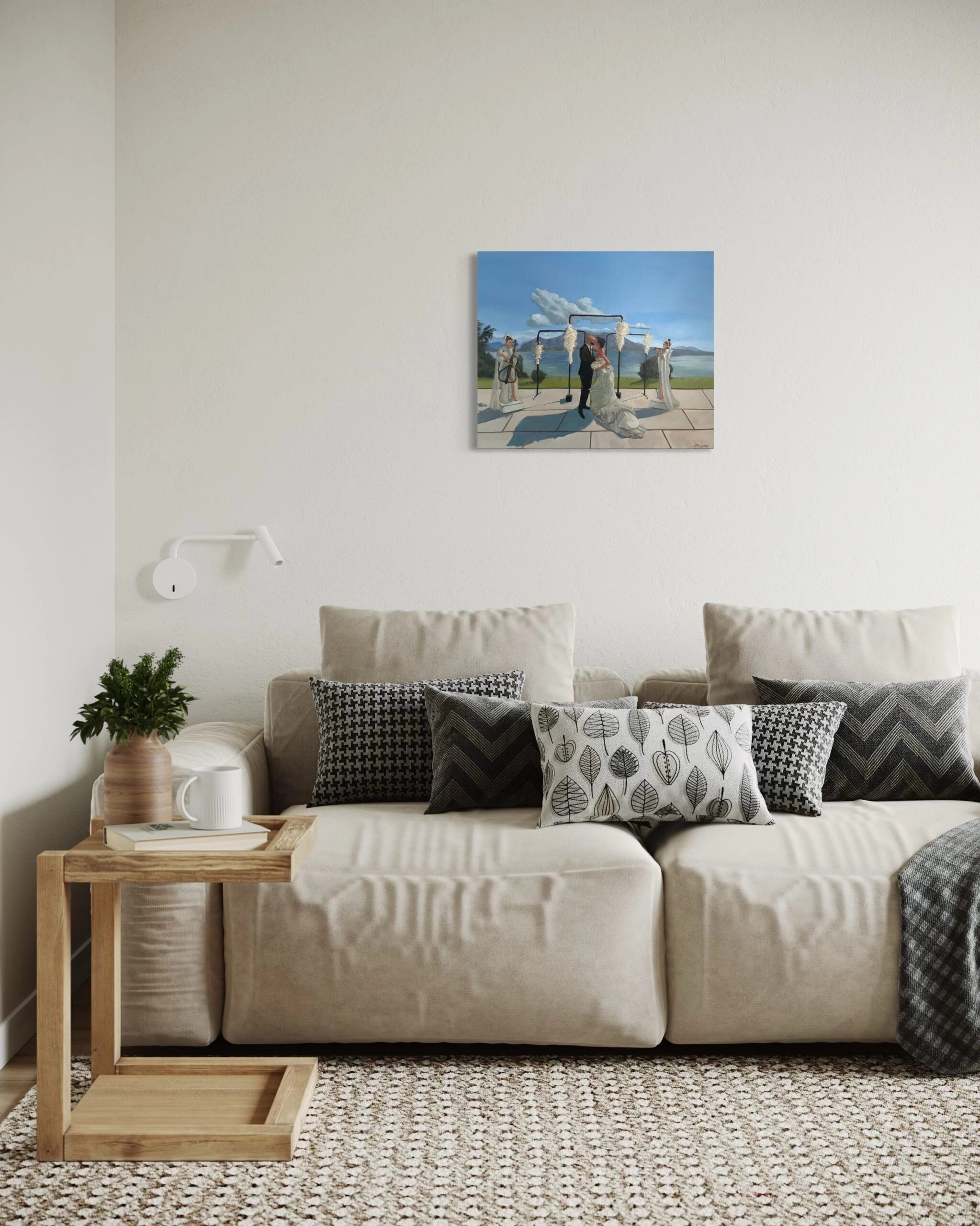 Hochzeitsgemälde 50 × 60 cm in einem hellen Wohnzimmer, frontal.