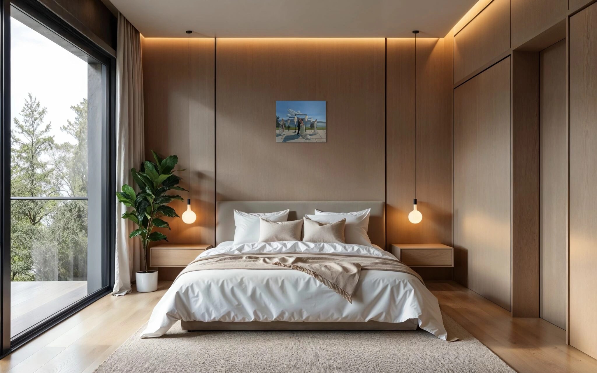 Hochzeitsgemälde 50 × 60 cm über dem Bett in einem ruhigen, minimalistischen Schlafzimmer.