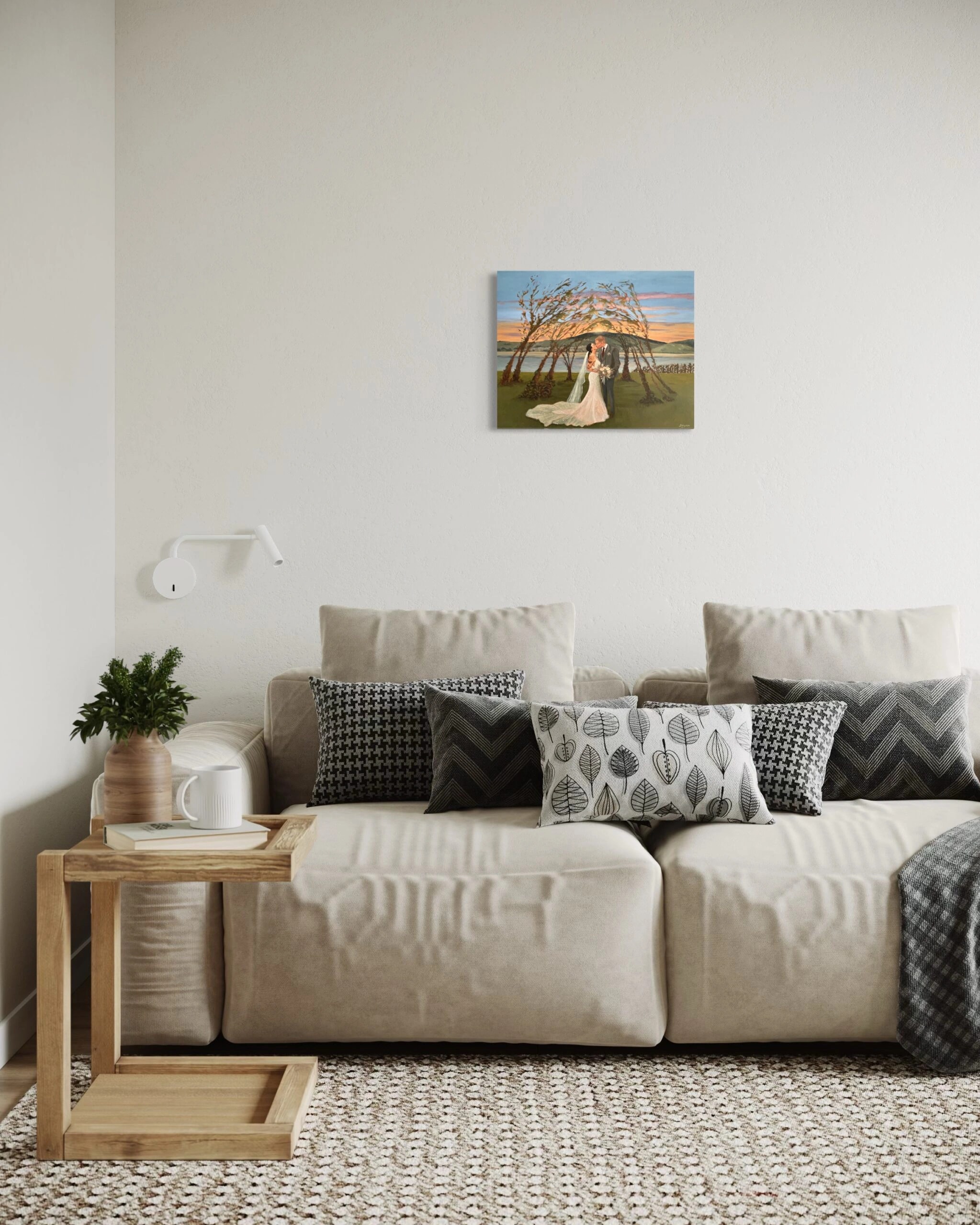 Hochzeitsgemälde 40 × 50 cm in einem hellen Wohnzimmer, frontal.