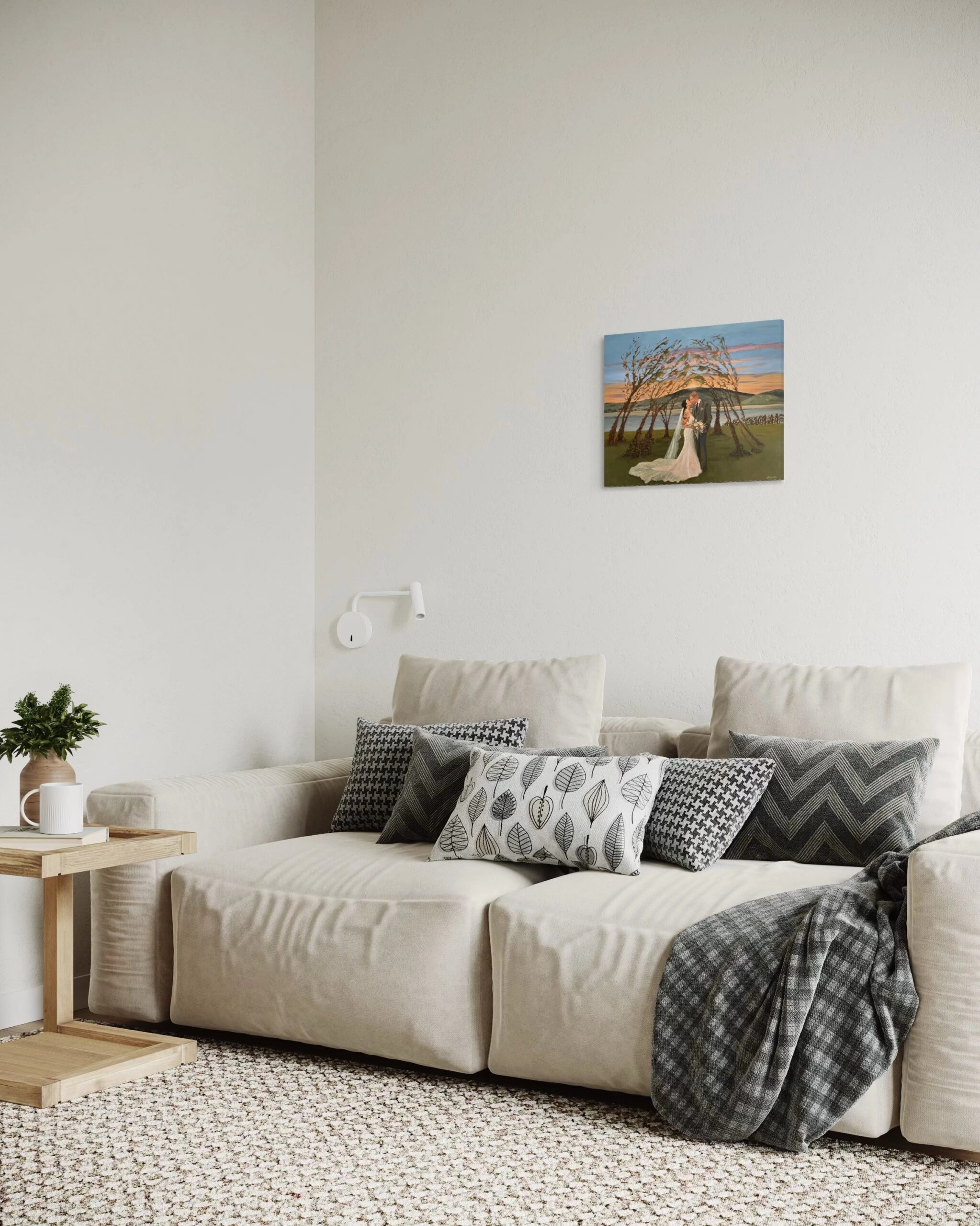 Hochzeitsgemälde 40 × 50 cm in einem hellen Wohnzimmer, schräg.