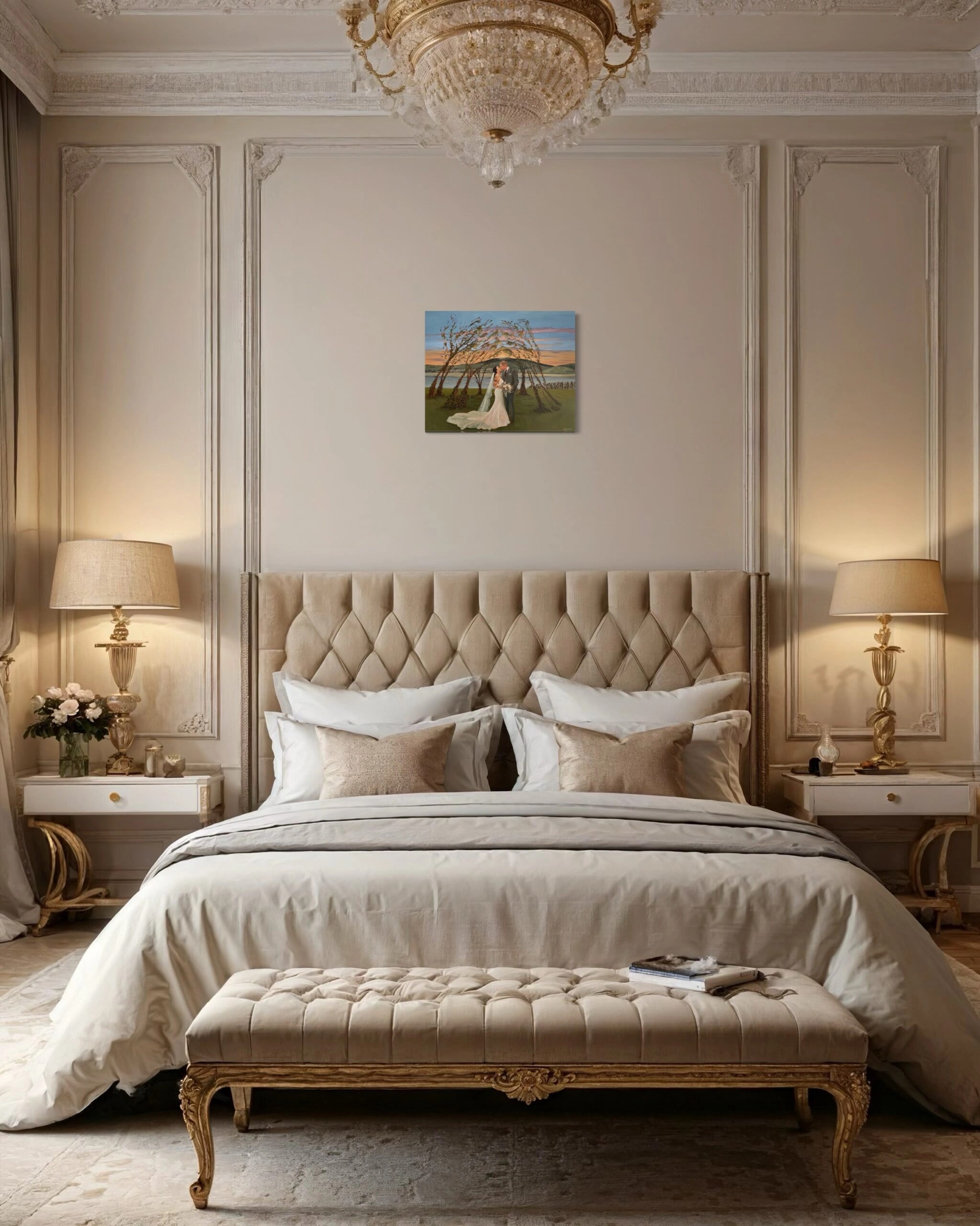 Hochzeitsgemälde 40 × 50 cm über dem Bett in einem eleganten Schlafzimmer.