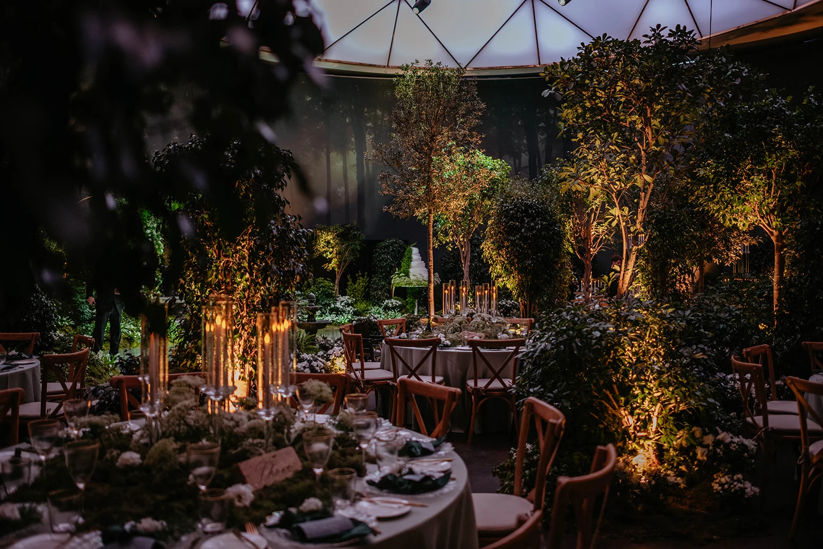 Extravagant Saudi wedding decor at The Dolder Grand Zurich featuring a mystical forest theme with 404 trees.