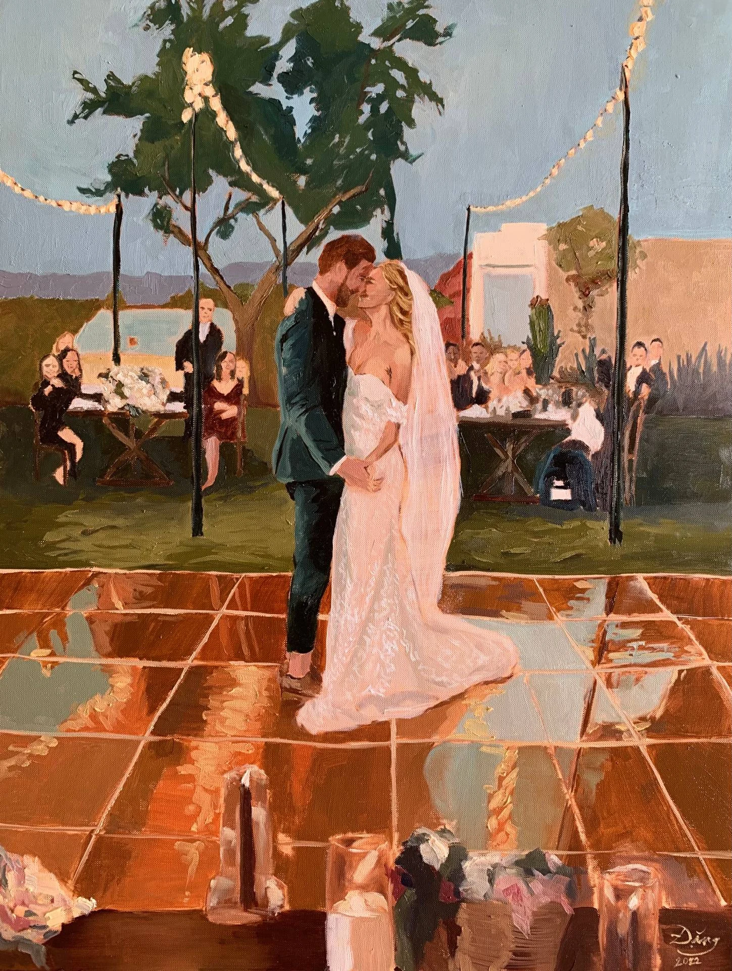 Bride and groom dancing on a lit outdoor dance floor at a backyard wedding — oil painting.
