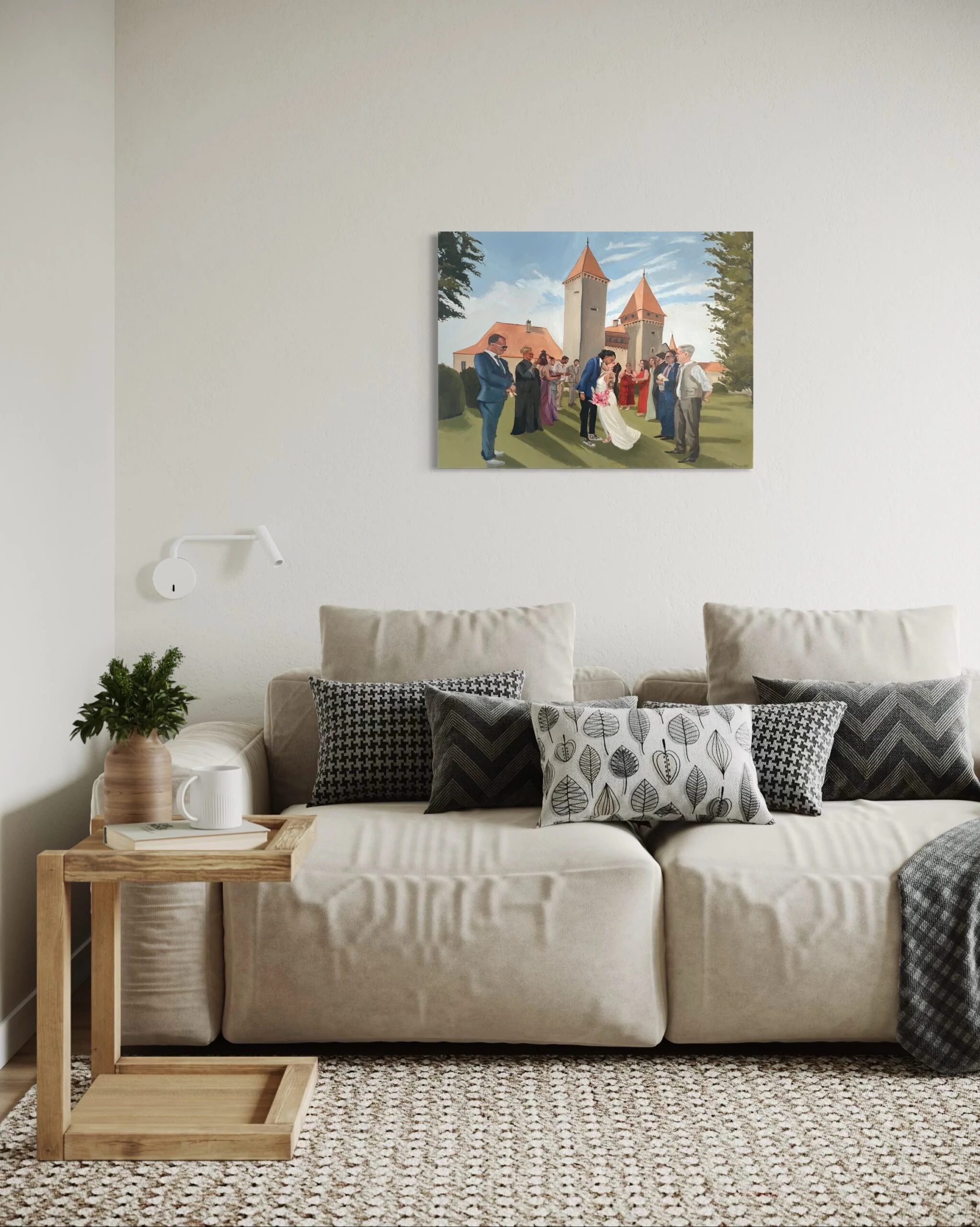 60 × 80 cm wedding painting in a bright living room, straight-on view.