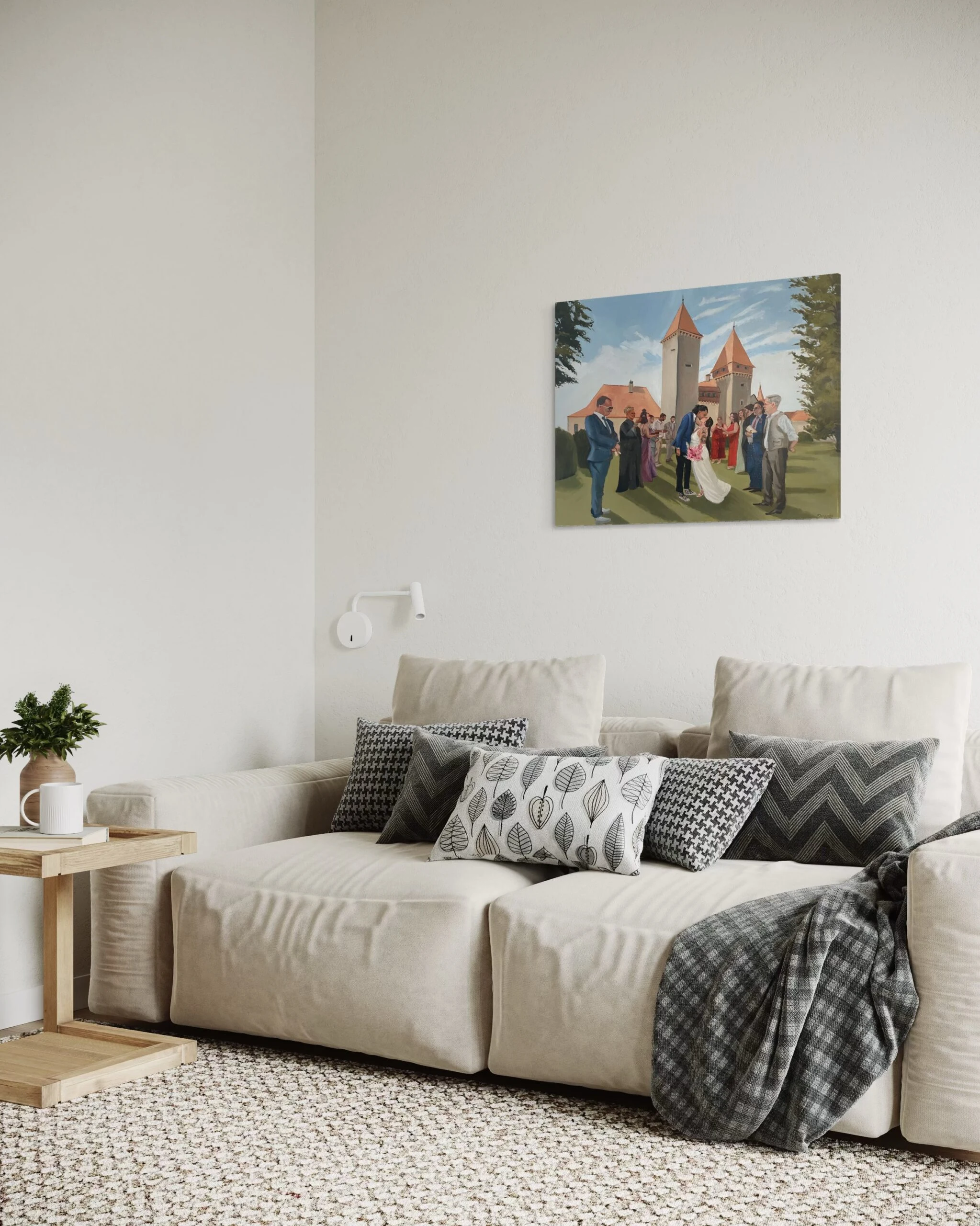60 × 80 cm wedding painting in a bright living room, angled view.