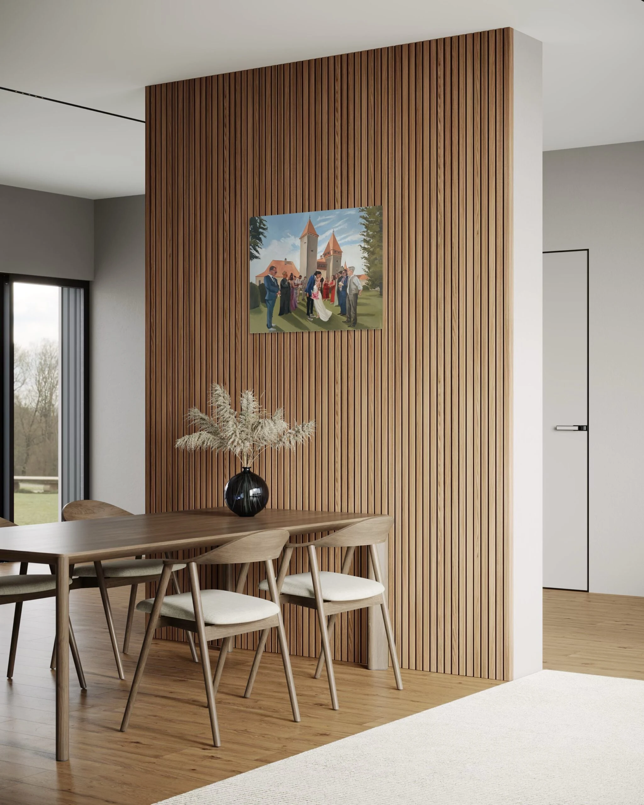 60 × 80 cm wedding painting in a dining room, angled view.