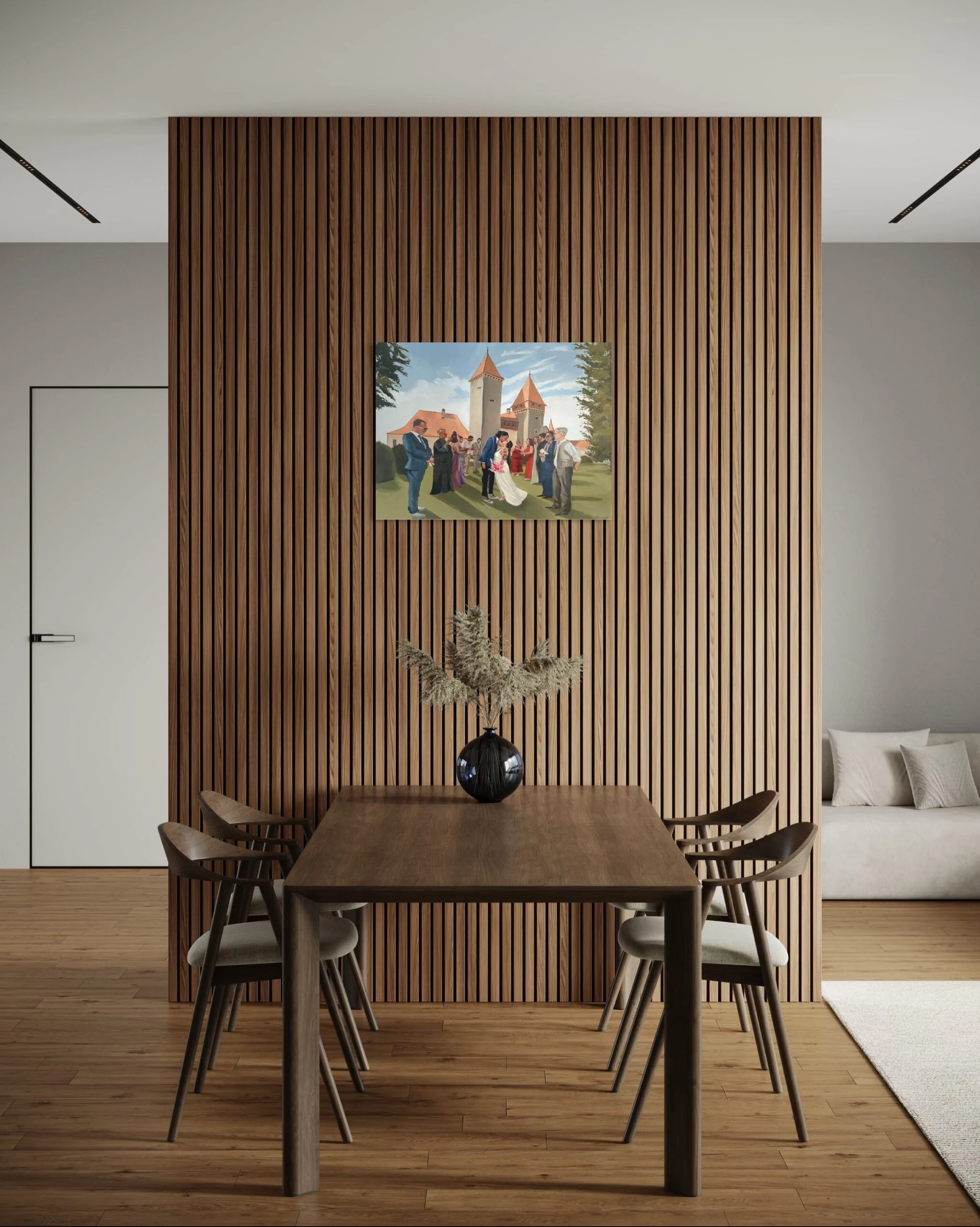60 × 80 cm wedding painting in a dining room, straight-on view.
