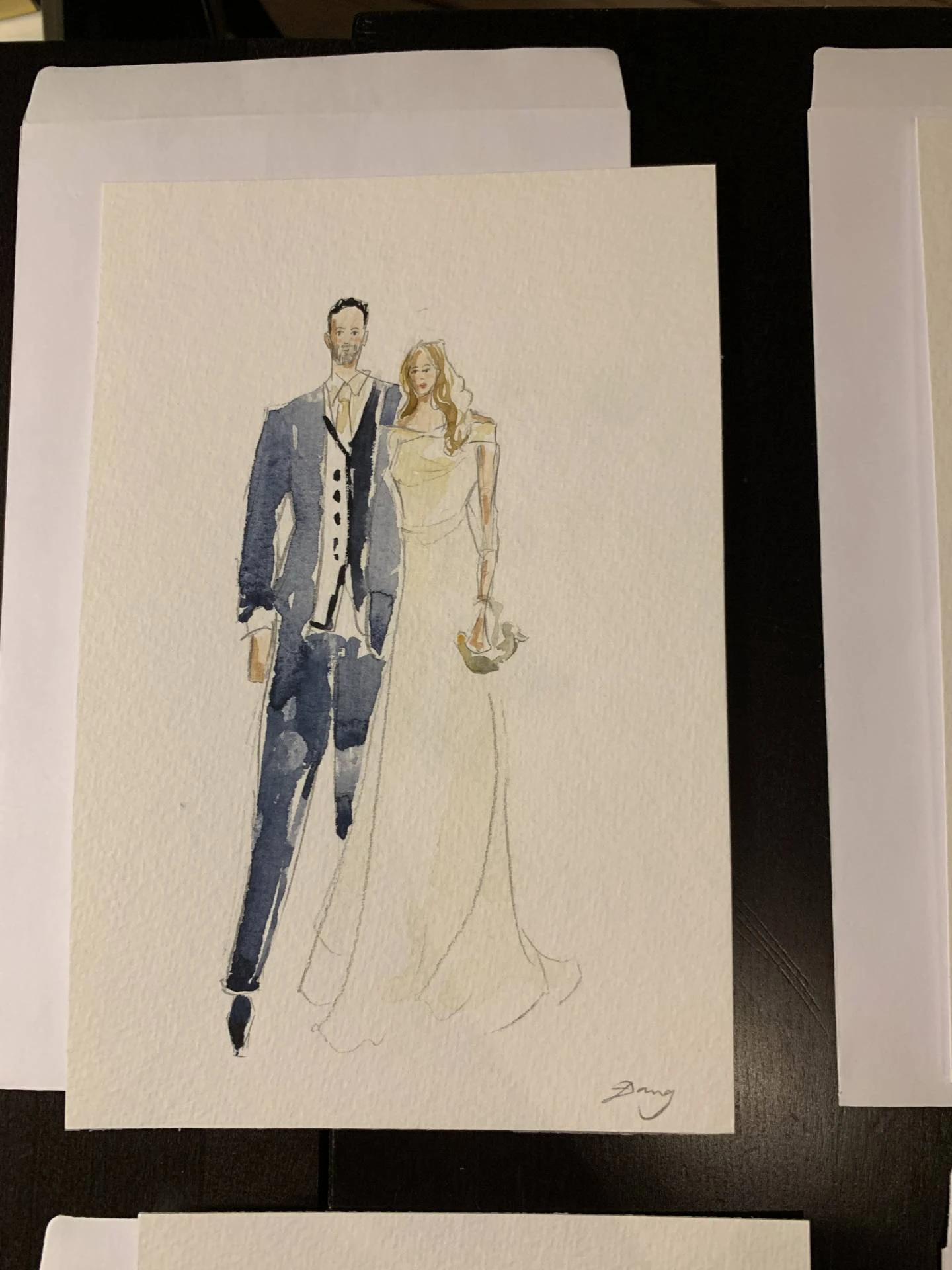 Live watercolor portrait of the bride and groom, Kyburg Golf Club, Zurich.