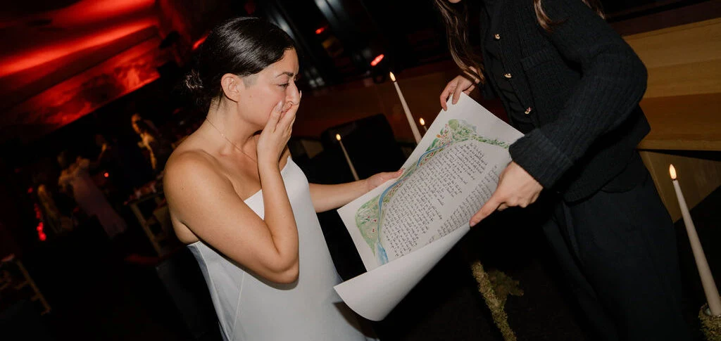 Bride moved to tears by her wedding vows painted in calligraphy and watercolor