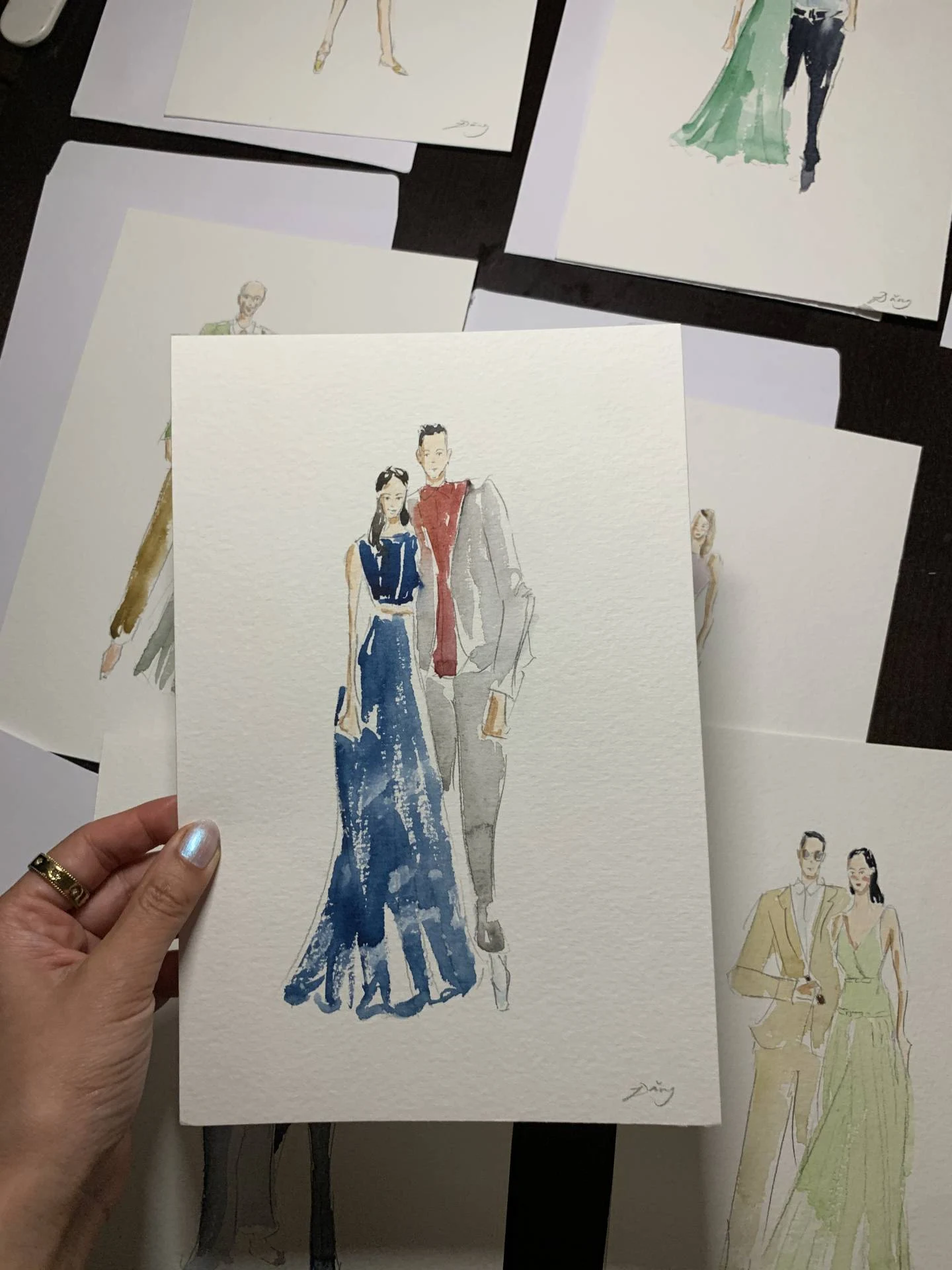 Fashion-style live watercolor portrait of a couple, Kyburg Golf Club, Zurich.