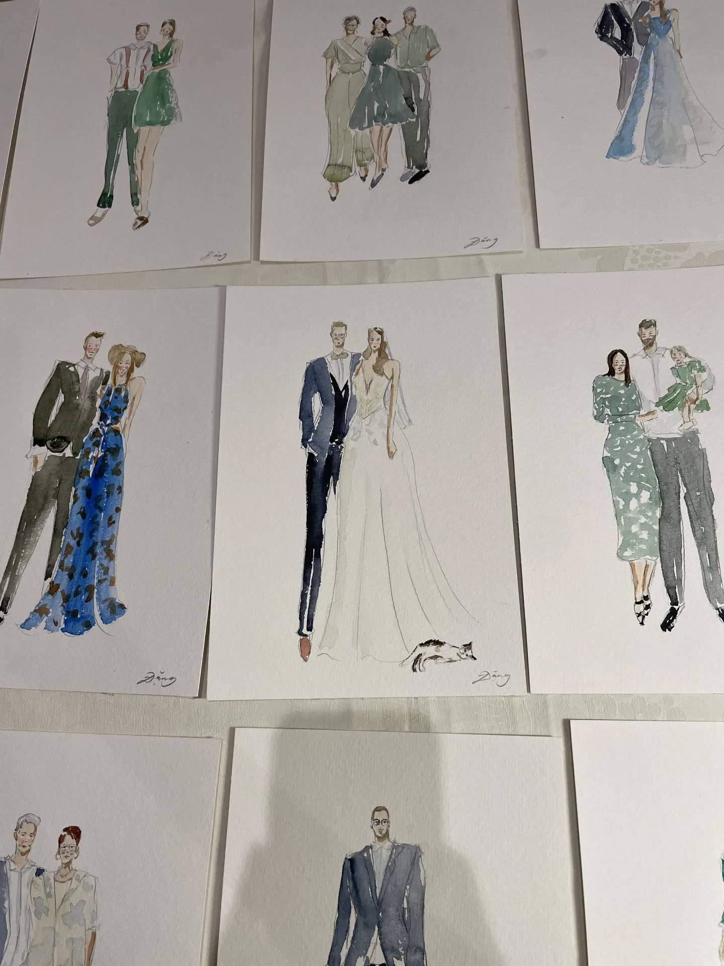 Live watercolor portrait of the bride and groom, Pont de Thielle, Bern.