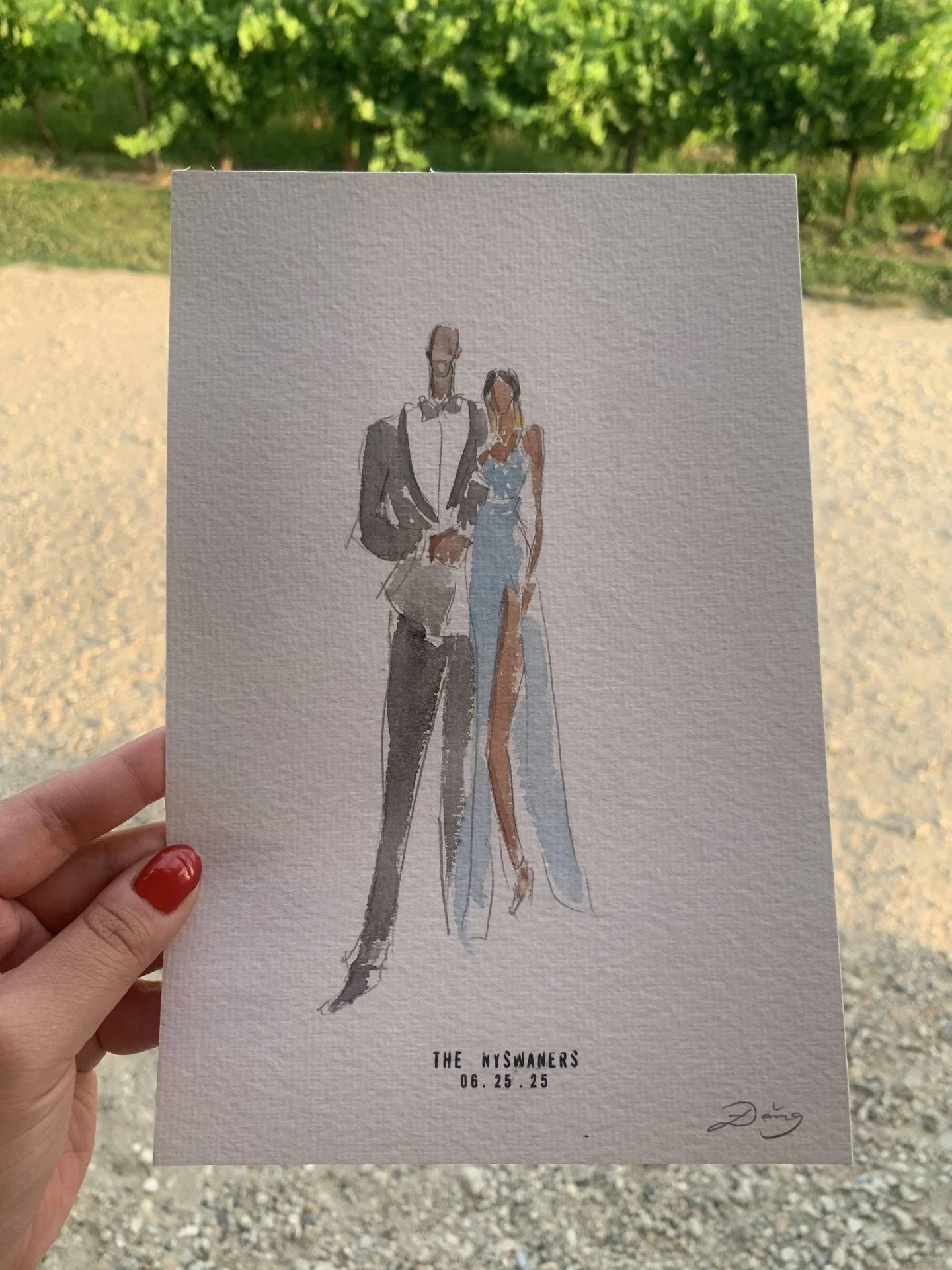Faceless watercolor portrait of a guest couple, Château de Garde, France.