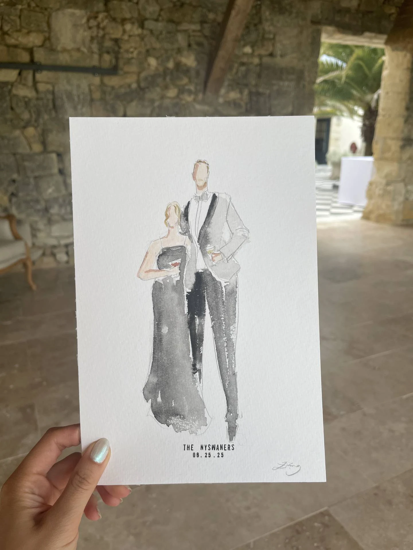 Faceless watercolor portrait of a couple with wine glasses, Château de Garde, France.