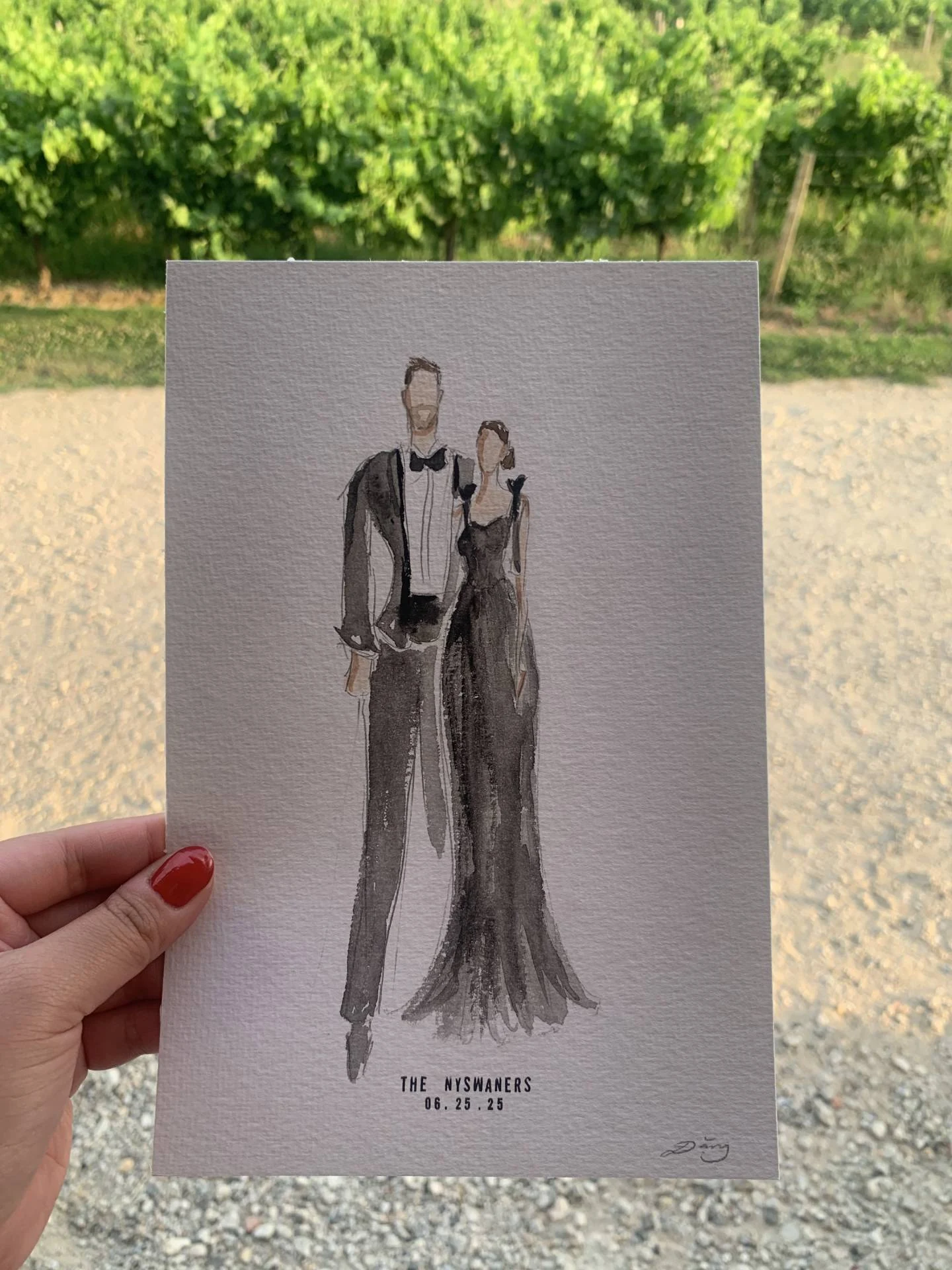Faceless watercolor portrait of a woman in a black dress and a man in a suit, Château de Garde, France.
