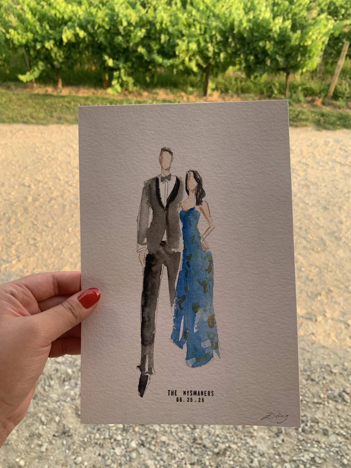 Faceless watercolor portrait of a woman in a blue dress and a man in a black suit, Château de Garde, France.