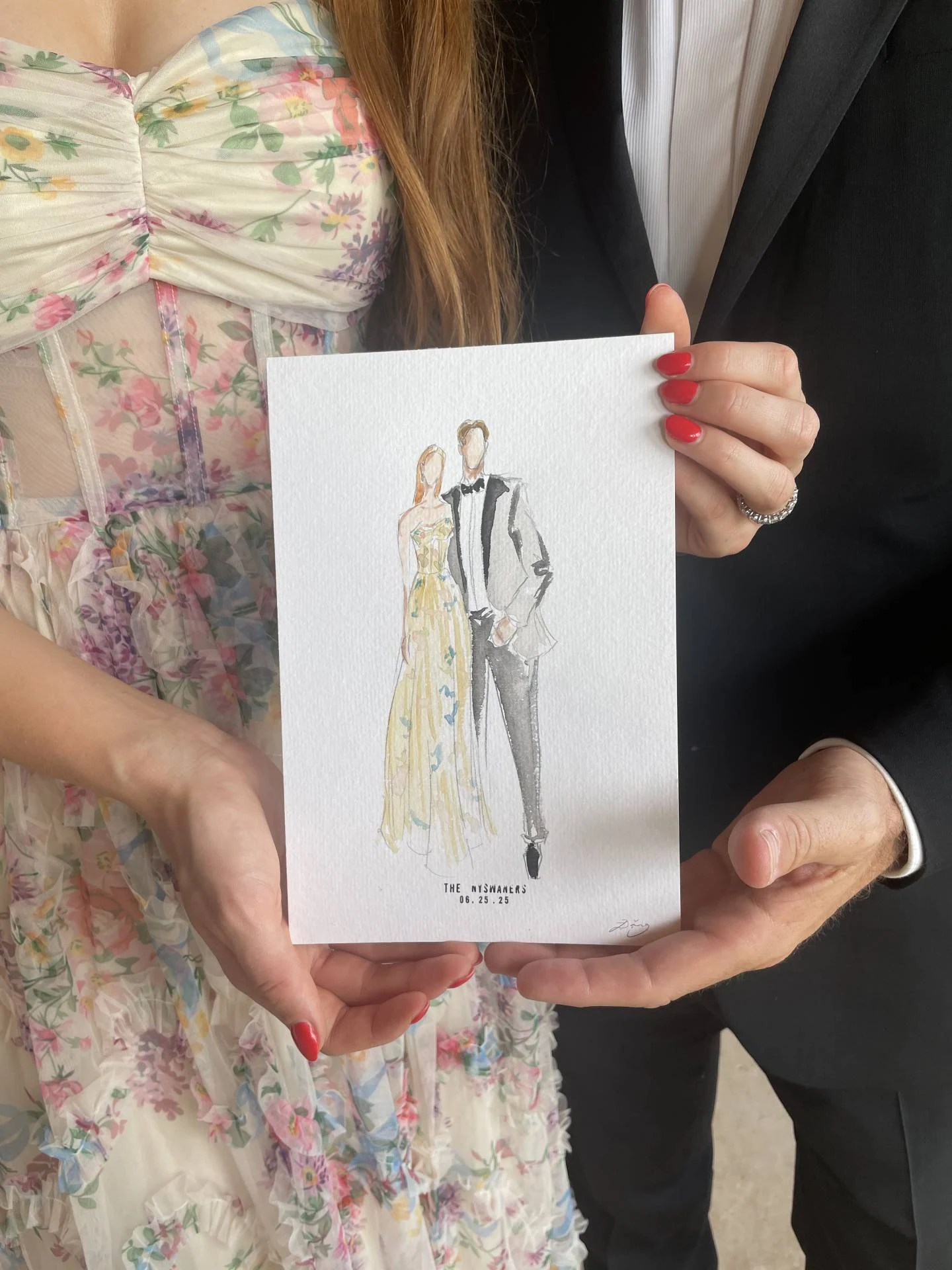 Faceless watercolor portrait of a woman in a yellow dress and a man in a suit, Château de Garde, France.