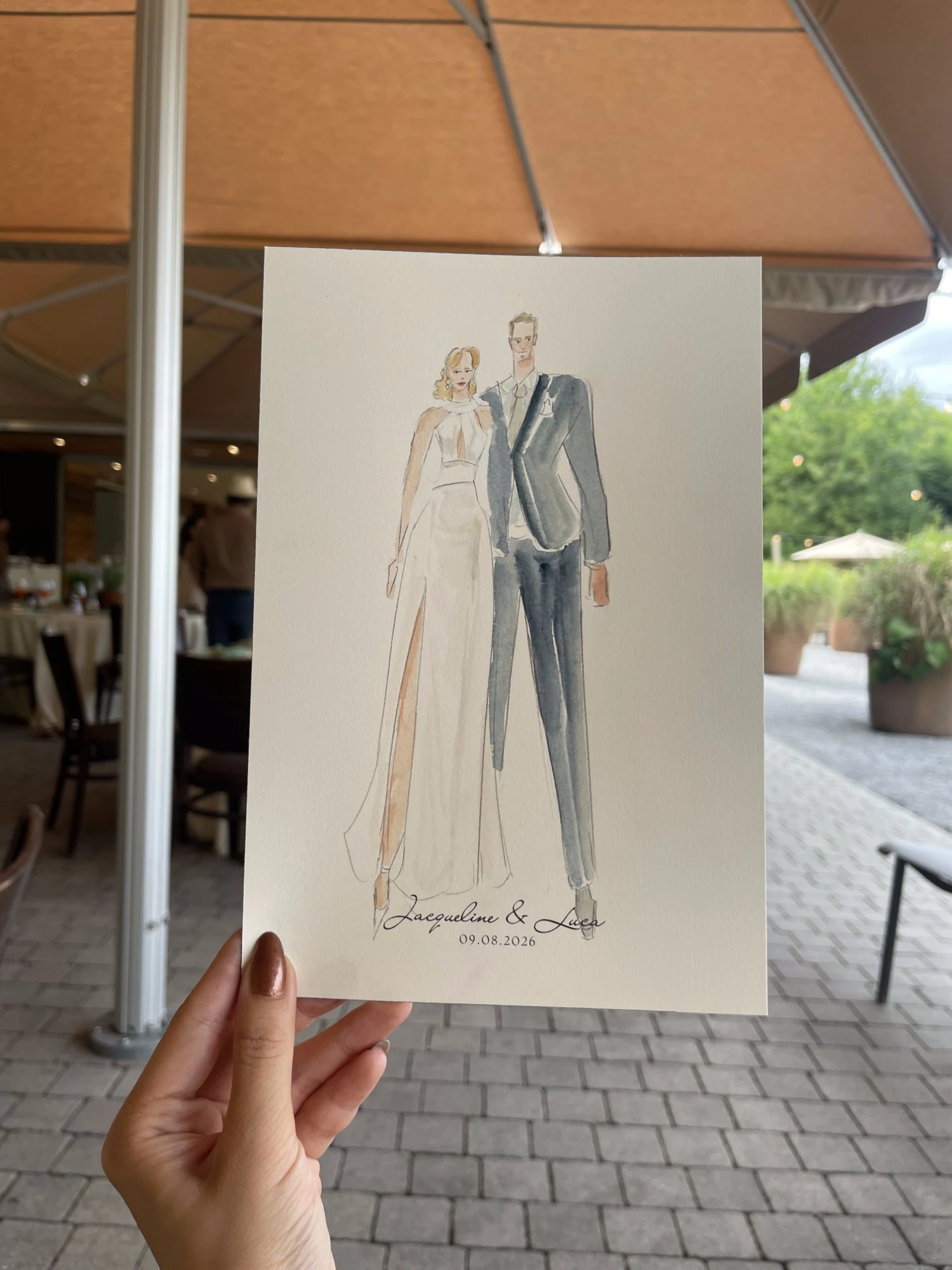 Live watercolor portrait of the bride and groom, personalised with their names and wedding date.
