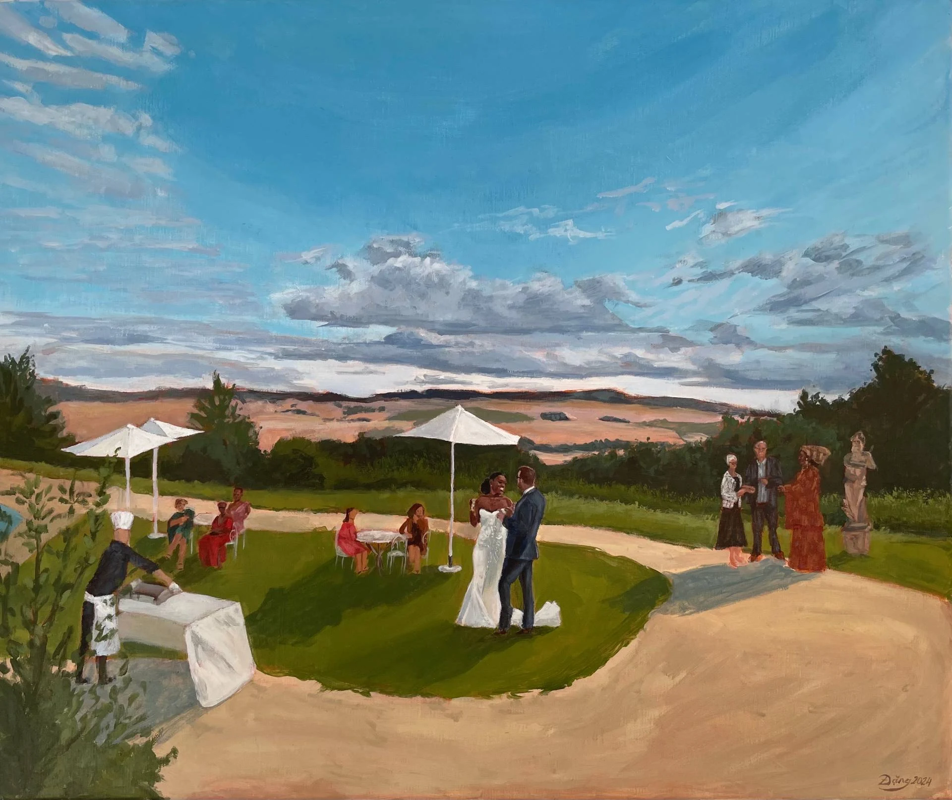 Bride and groom sharing a glass of wine at cocktail hour, Château du Feÿ, Burgundy — live acrylic painting.