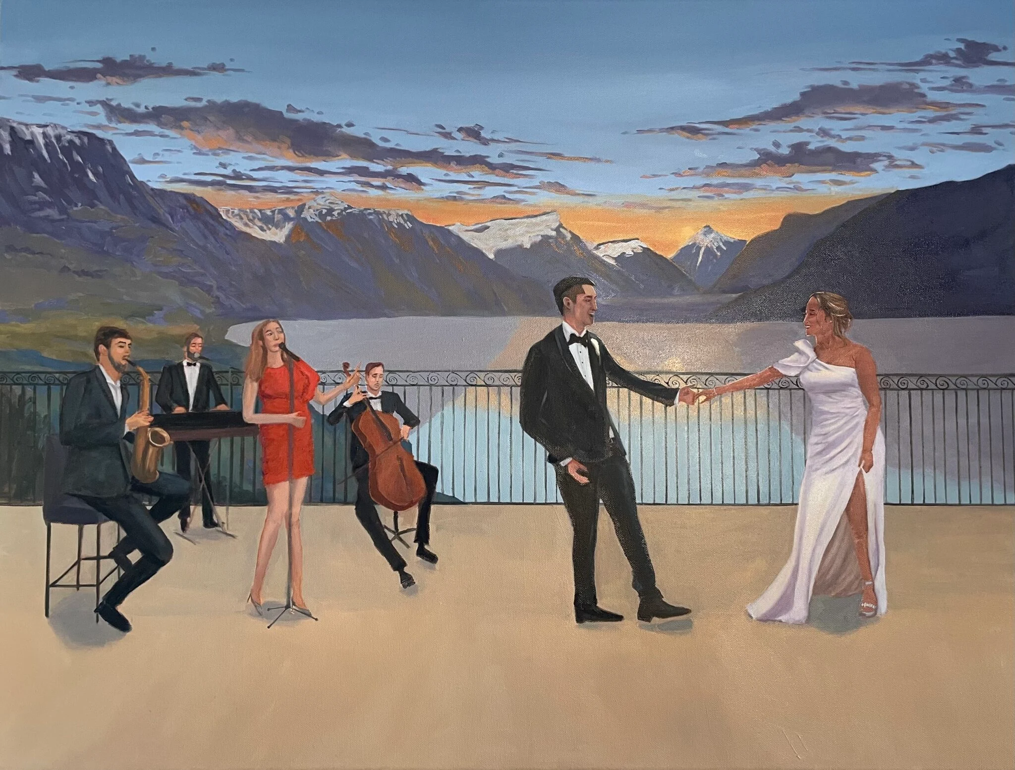 Live wedding painting of a first dance at Le Mirador, Mont-Pèlerin, at sunset over Lake Geneva and the Alps, oil on canvas.