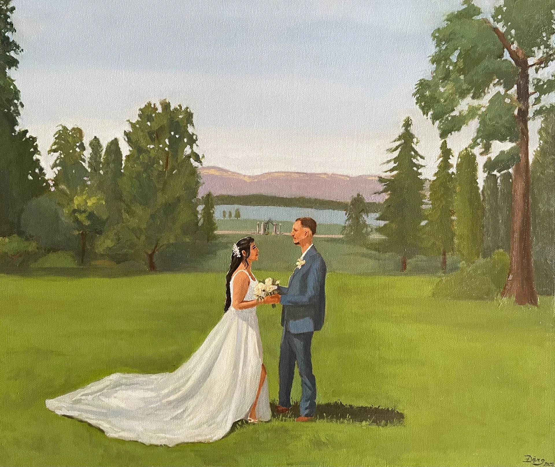 Bride and groom holding hands at Parc des Eaux-Vives, Geneva — live oil painting.