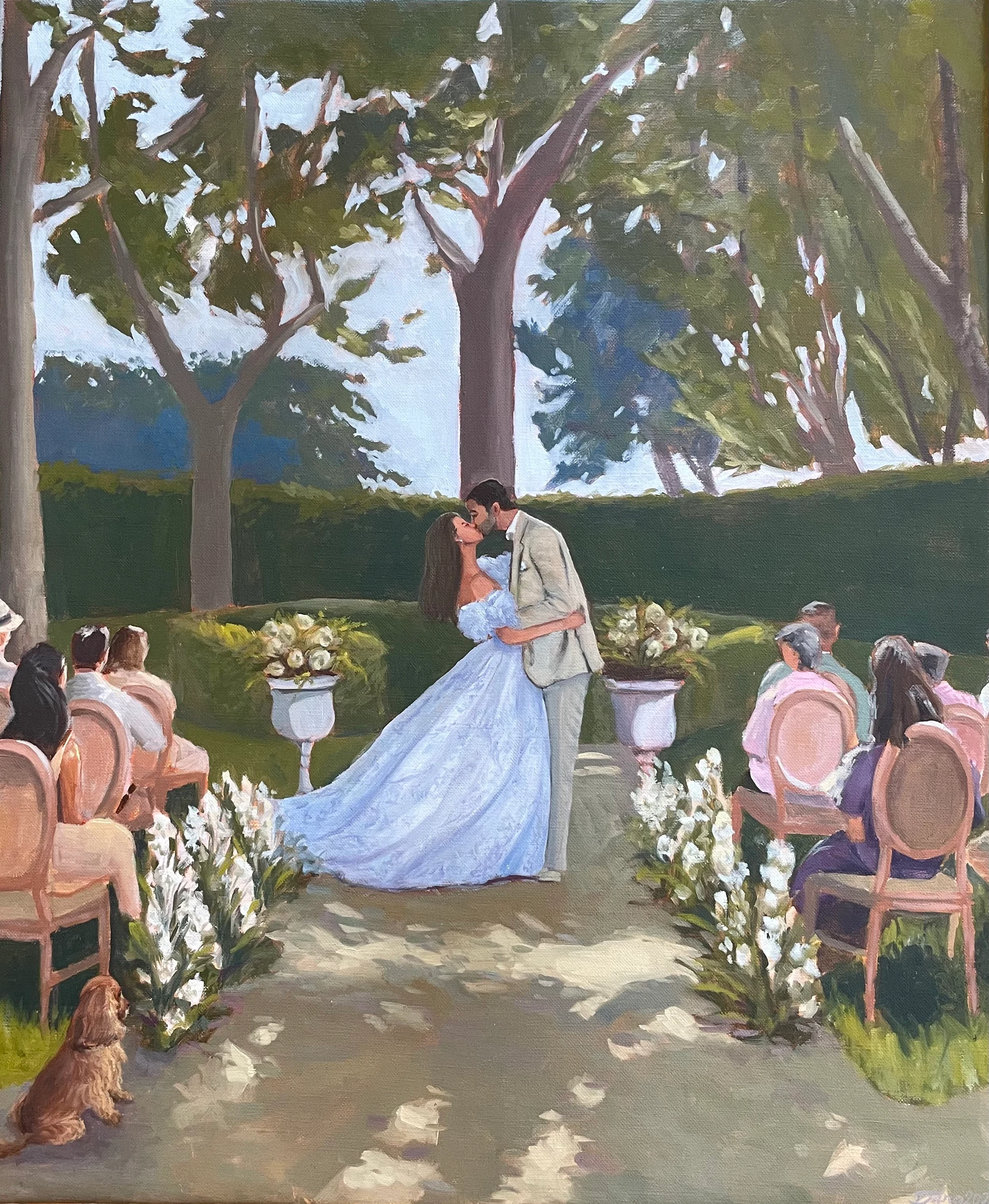 Live wedding painting of a couple’s kiss at the end of an aisle lined with white flowers, guests on pink chairs and a small dog watching, at Bastide de Laurence in L’Isle-sur-la-Sorgue, Provence, oil on canvas.