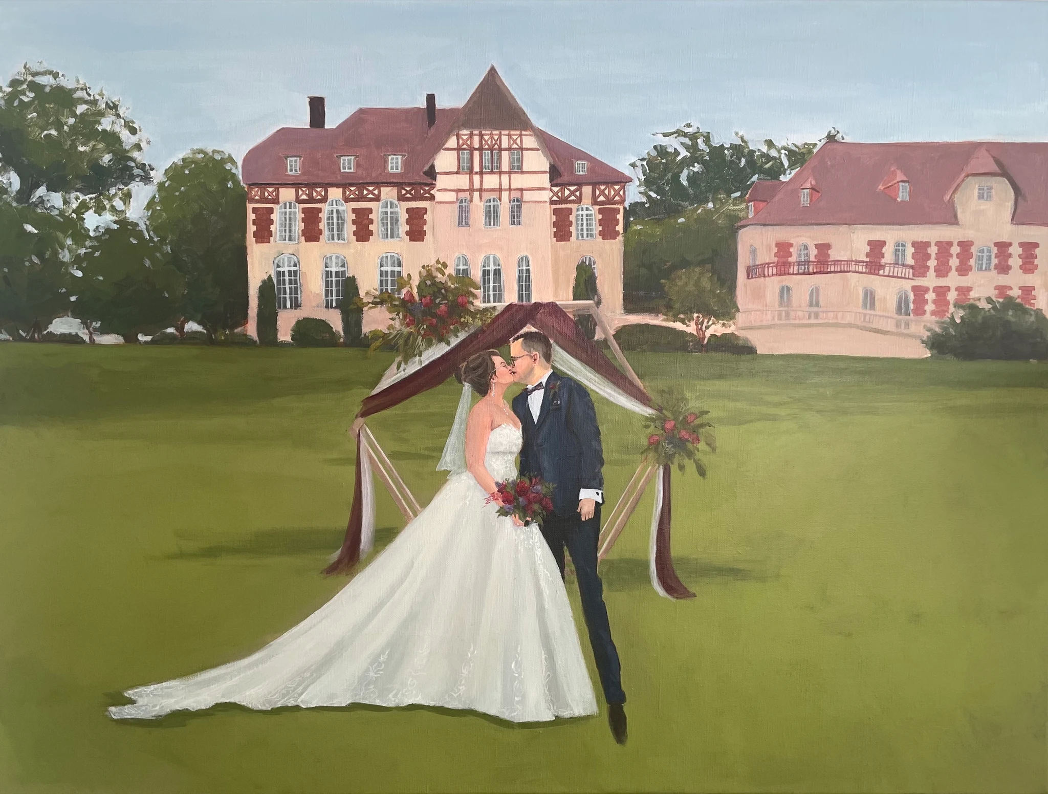 Finished oil painting of the bride and groom kissing under a burgundy arch in front of Château de la Tour, Gouvieux