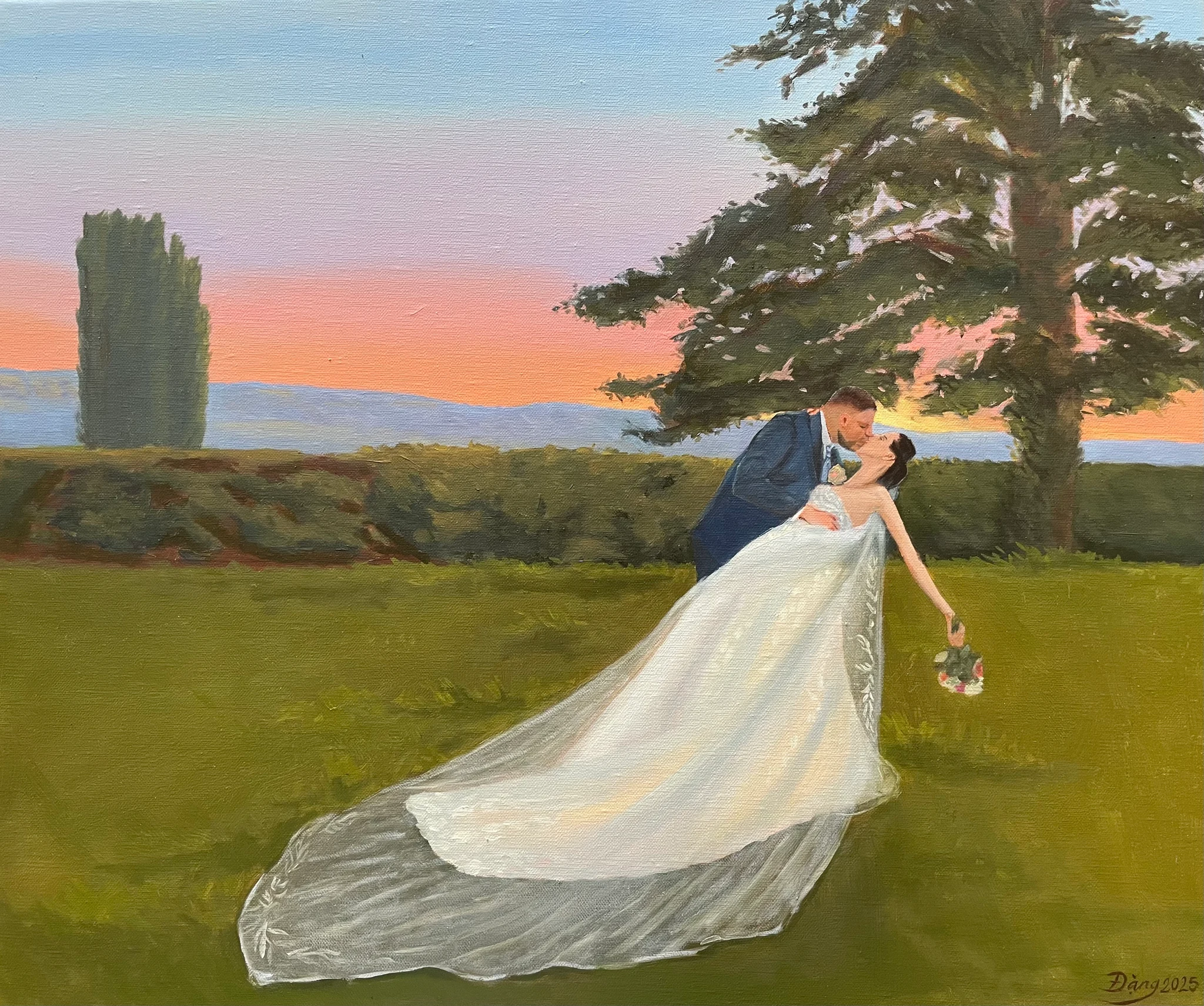 Live wedding painting of a couple’s kiss at sunset at Domaine de Choully, Geneva: the groom dips the bride, her long veil trailing across the lawn beneath a tall cedar, oil on canvas.